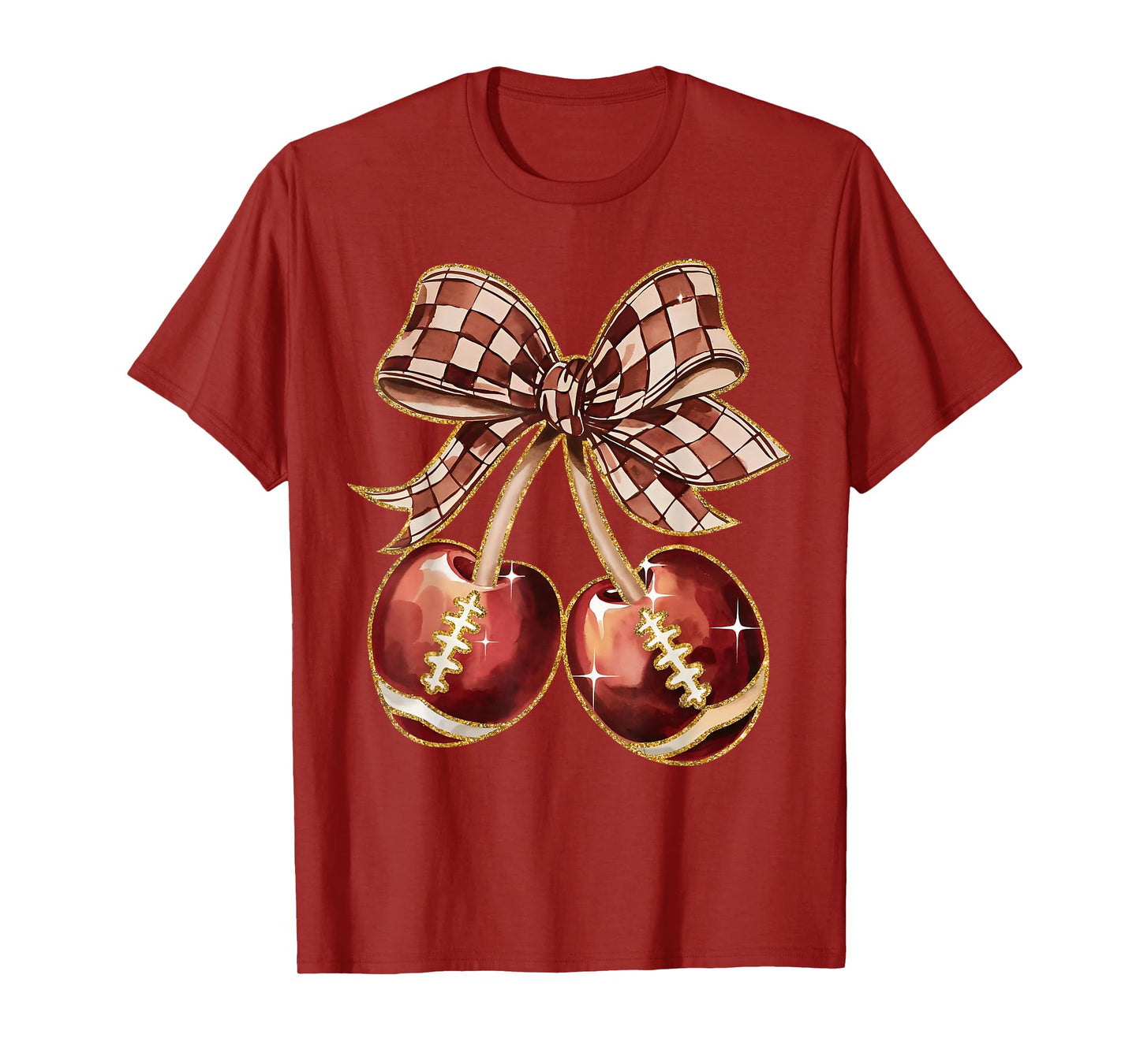 Coquette Bow Cherry American Football Game Day Thanksgiving T-Shirt