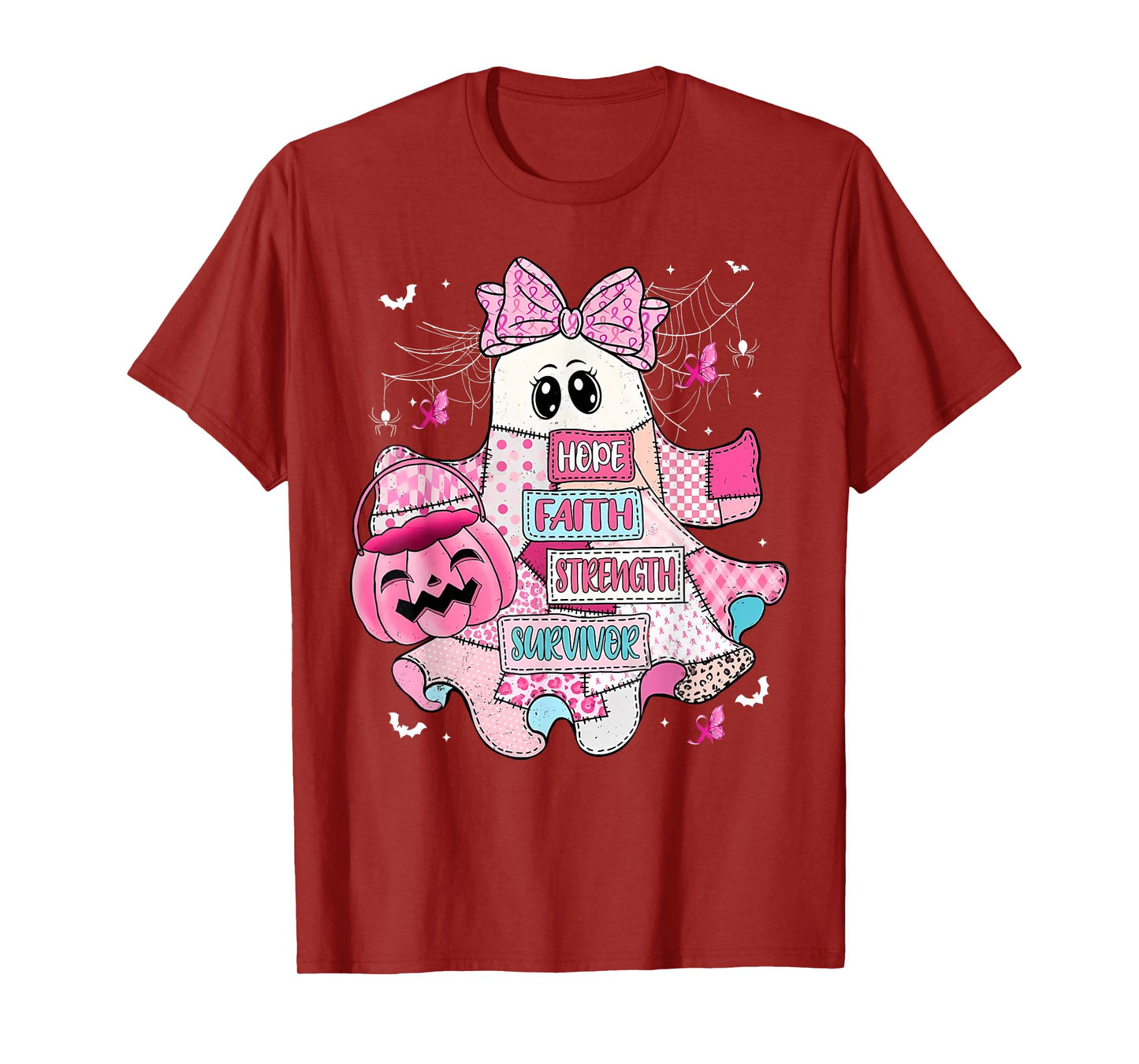Breast Cancer Ghost Bow Hope Faith Strength Halloween T-Shirt