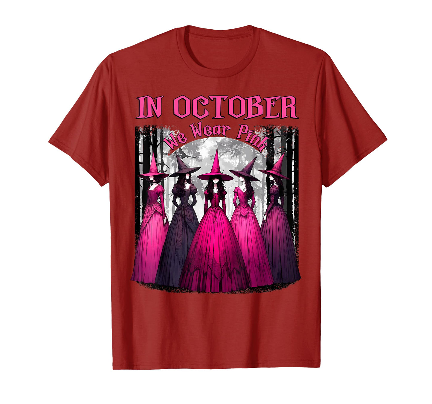 in October We Wear Pink Spooky Witch Halloween Breast Cancer T-Shirt