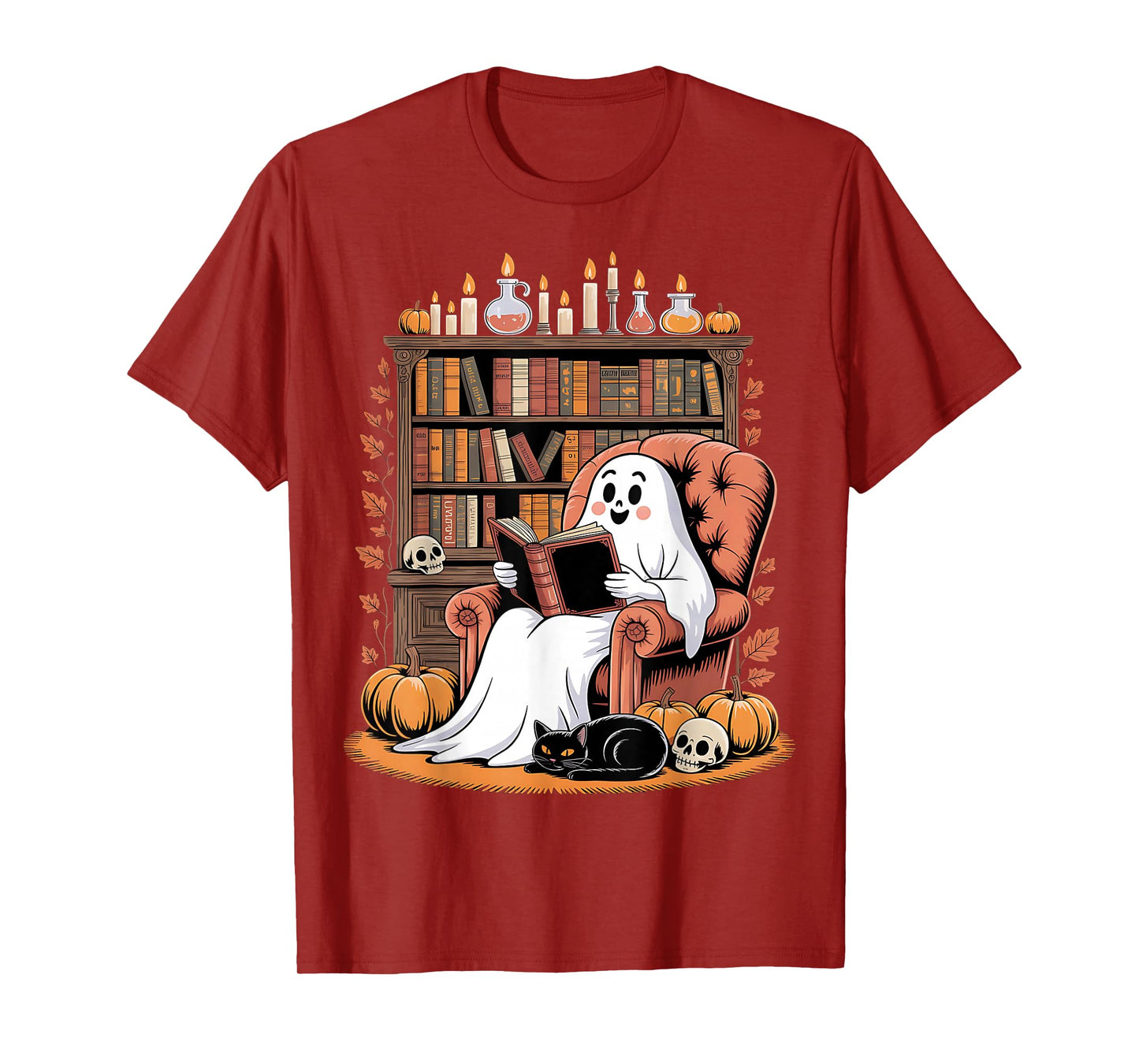 Retro Ghost Reading Books cat, Librarian Ghost Halloween T-Shirt