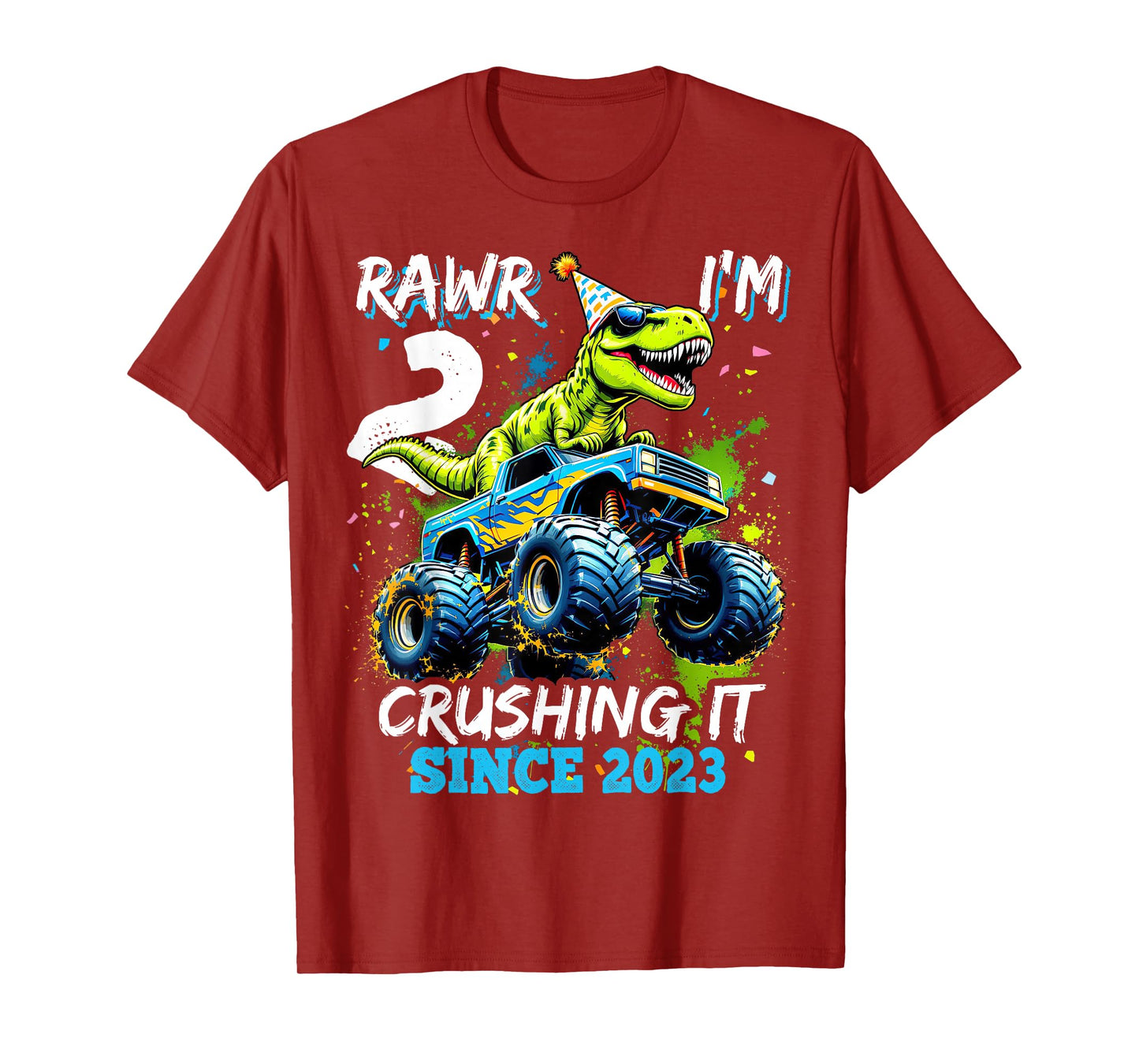 2nd Birthday Monster Truck Dinosaur Party Boys Rawr I'm 2 T-Shirt