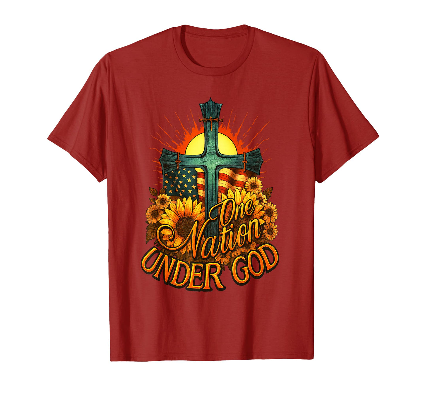 One Nation Under God USA Flag Cross Sunflower Patriotic T-Shirt