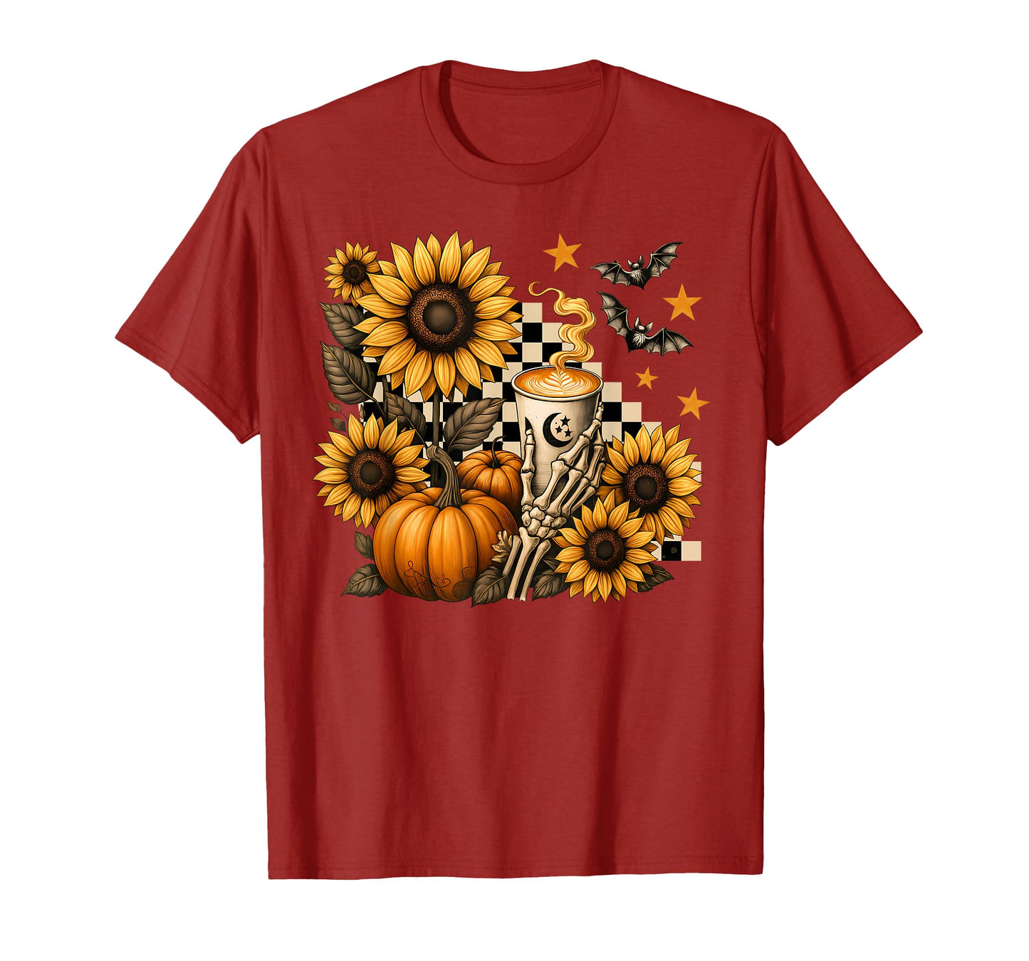 Halloween Skeleton Coffee, Spooky Sunflowers Pumpkin Spice T-Shirt