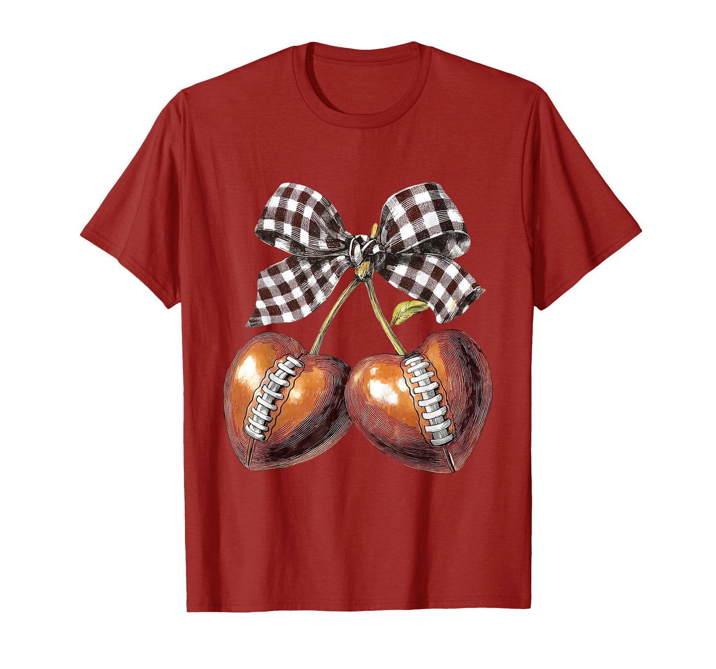 Retro Checkered Funny Cherry Football Game Day Coquette Bow T-Shirt