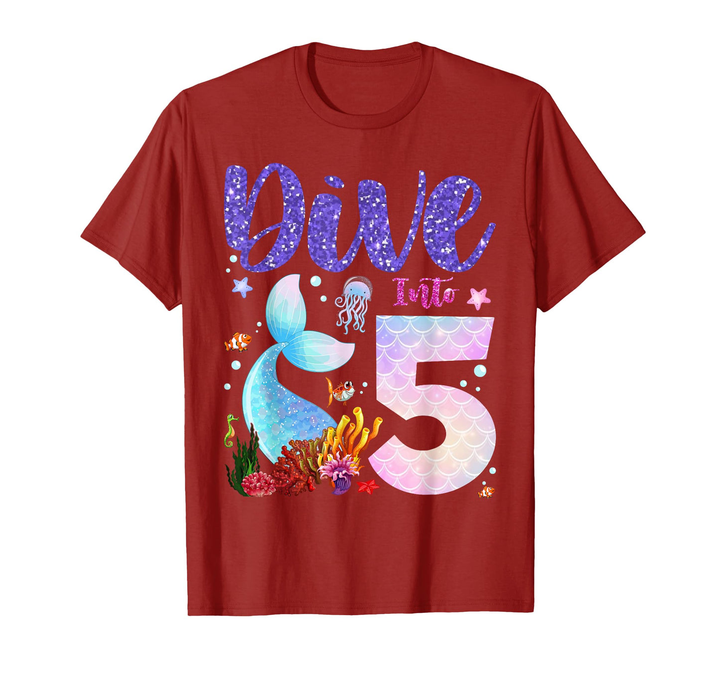 Dive Into 5 Birthday Decorations Girl 5th Birthday Mermaid T-Shirt