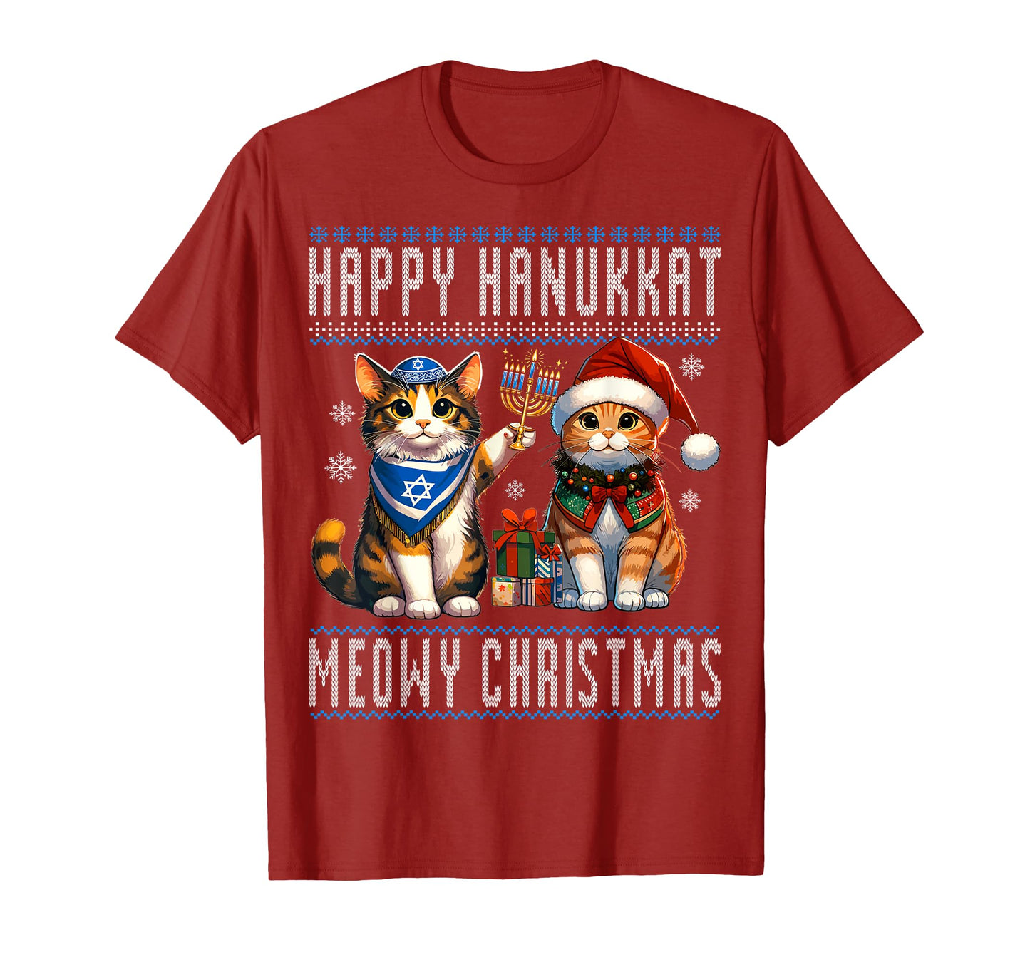 Cat Merry Christmas Happy Hanukkah Jewish Christian Men Women Kids T-Shirt