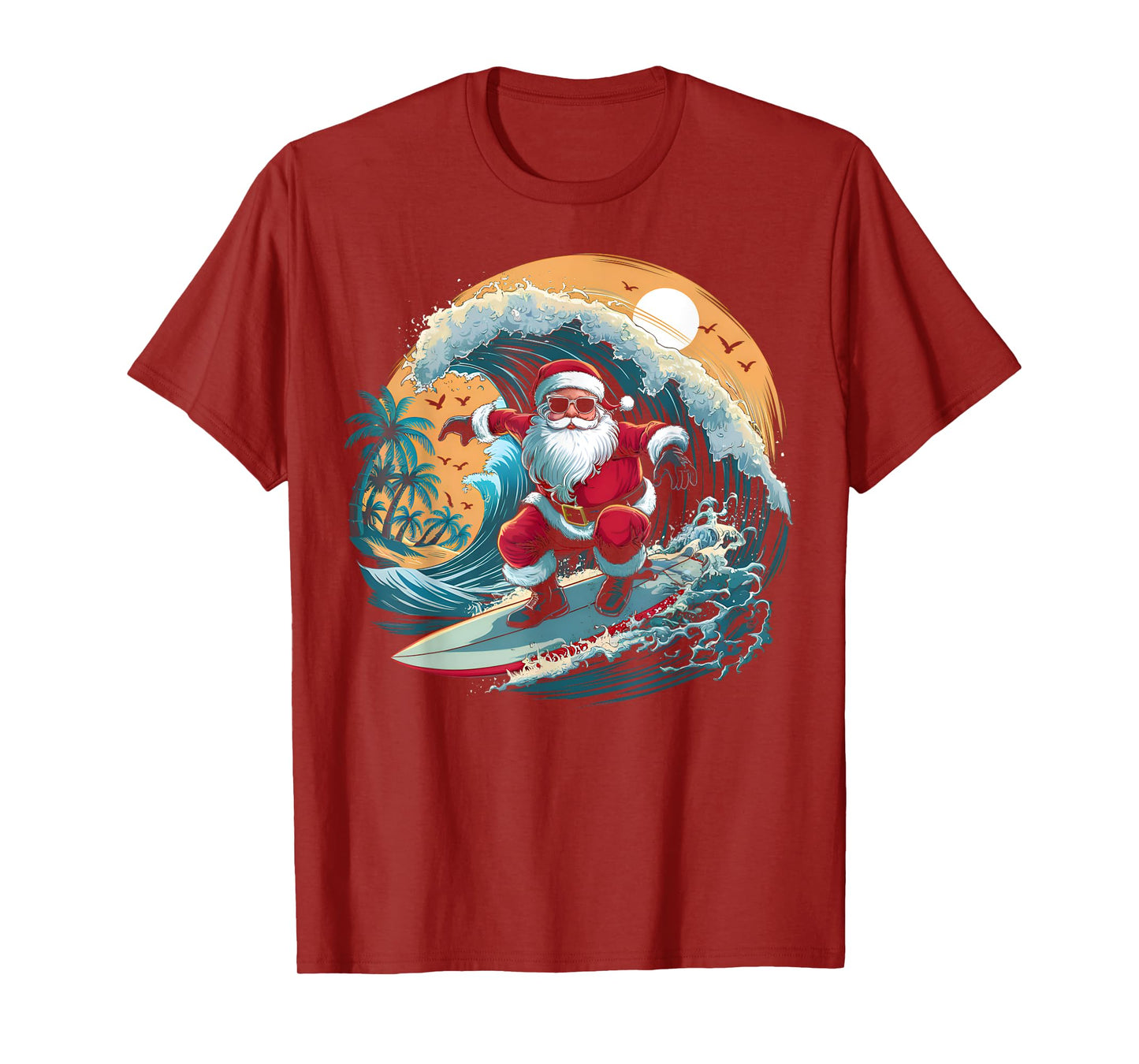 Vintage Surfer Christmas Surfing Santa Claus Beach Surfboard T-Shirt