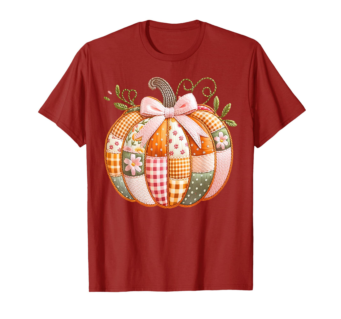 Coquette Bow Floral Patchwork Pumpkin Thanksgiving Autumn T-Shirt