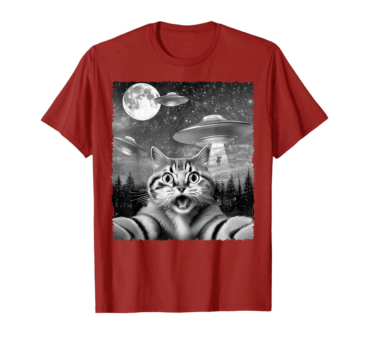 Funny Alien Cat Selfie with UFOs Gift Idea Men Women Kids T-Shirt