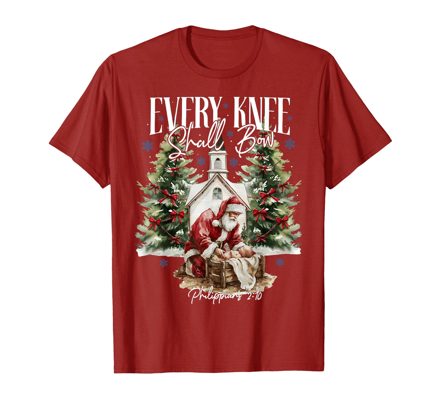 Every Knee Shall Bow Santa Christmas Nativity Scene Women T-Shirt