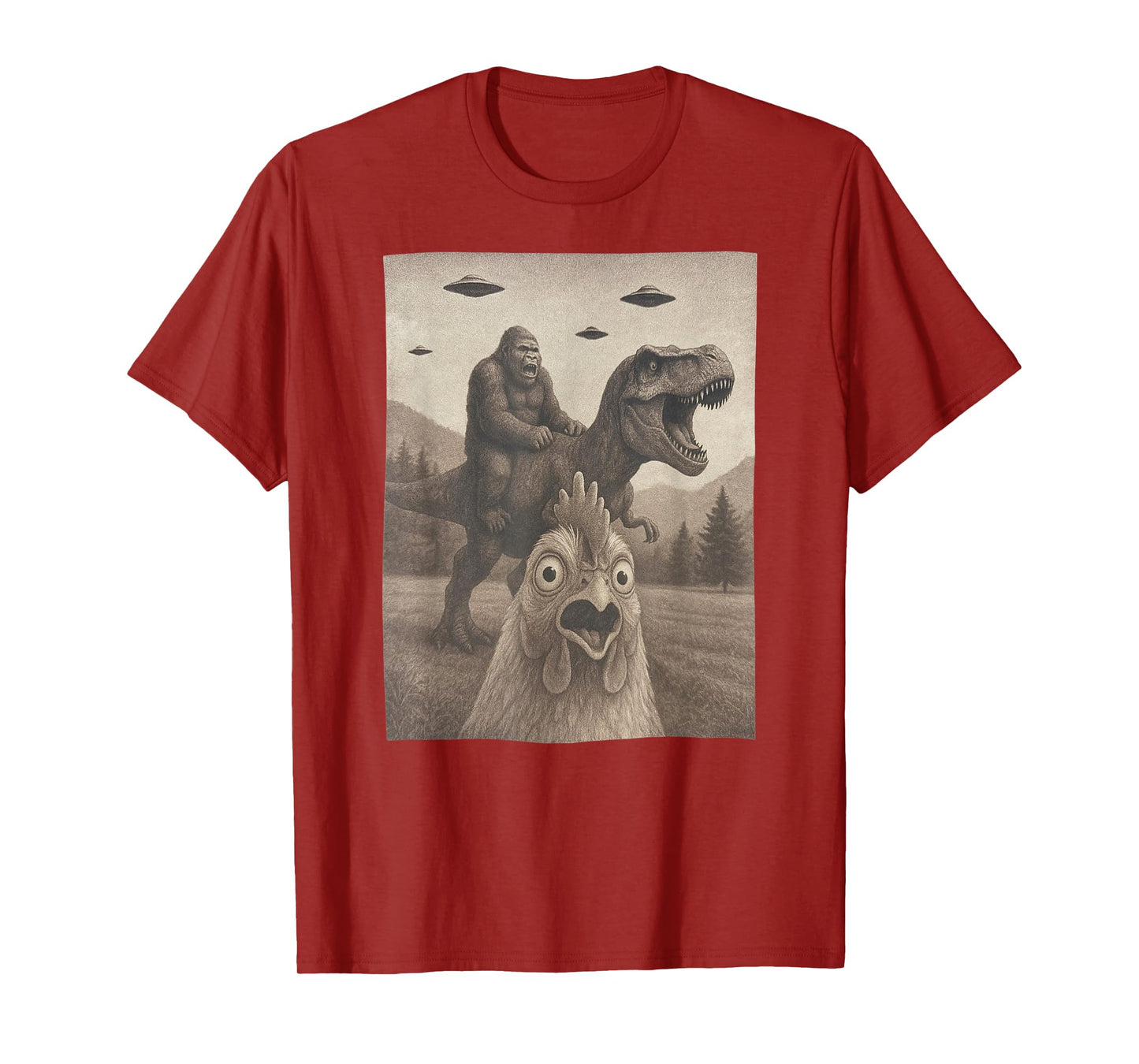 Funny Chicken Shirts, Chicken Selfie Bigfoot Riding T rex T-Shirt