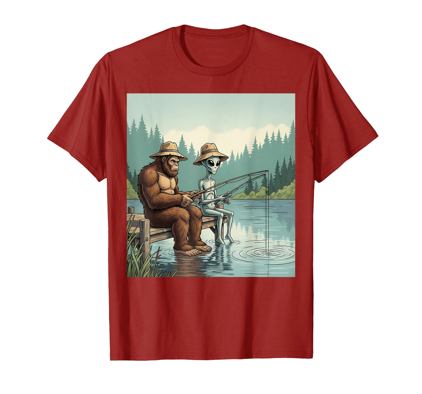 Alien Bigfoot Fishing Sasquatch Fishing Fisherman Men Boys T-Shirt