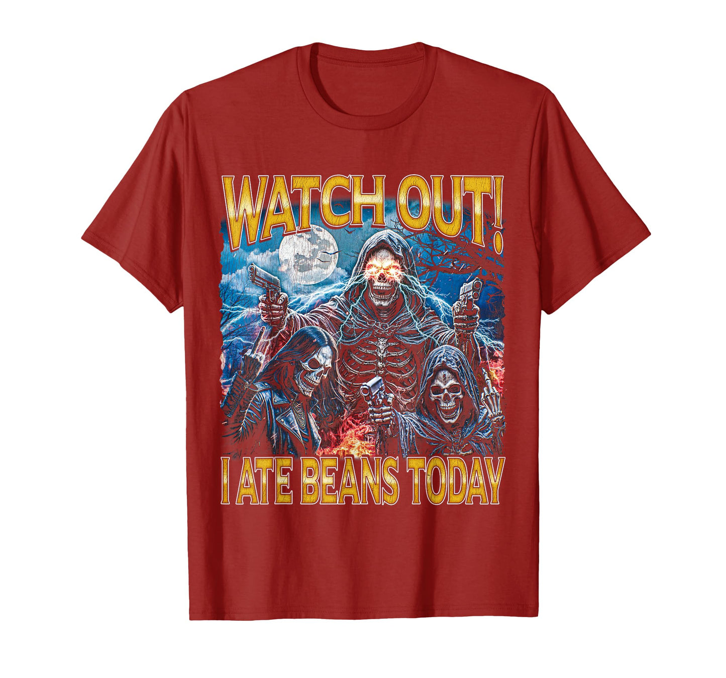 I Ate Beans Today - 80s Horror Bootleg Hard Skeleton Meme T-Shirt
