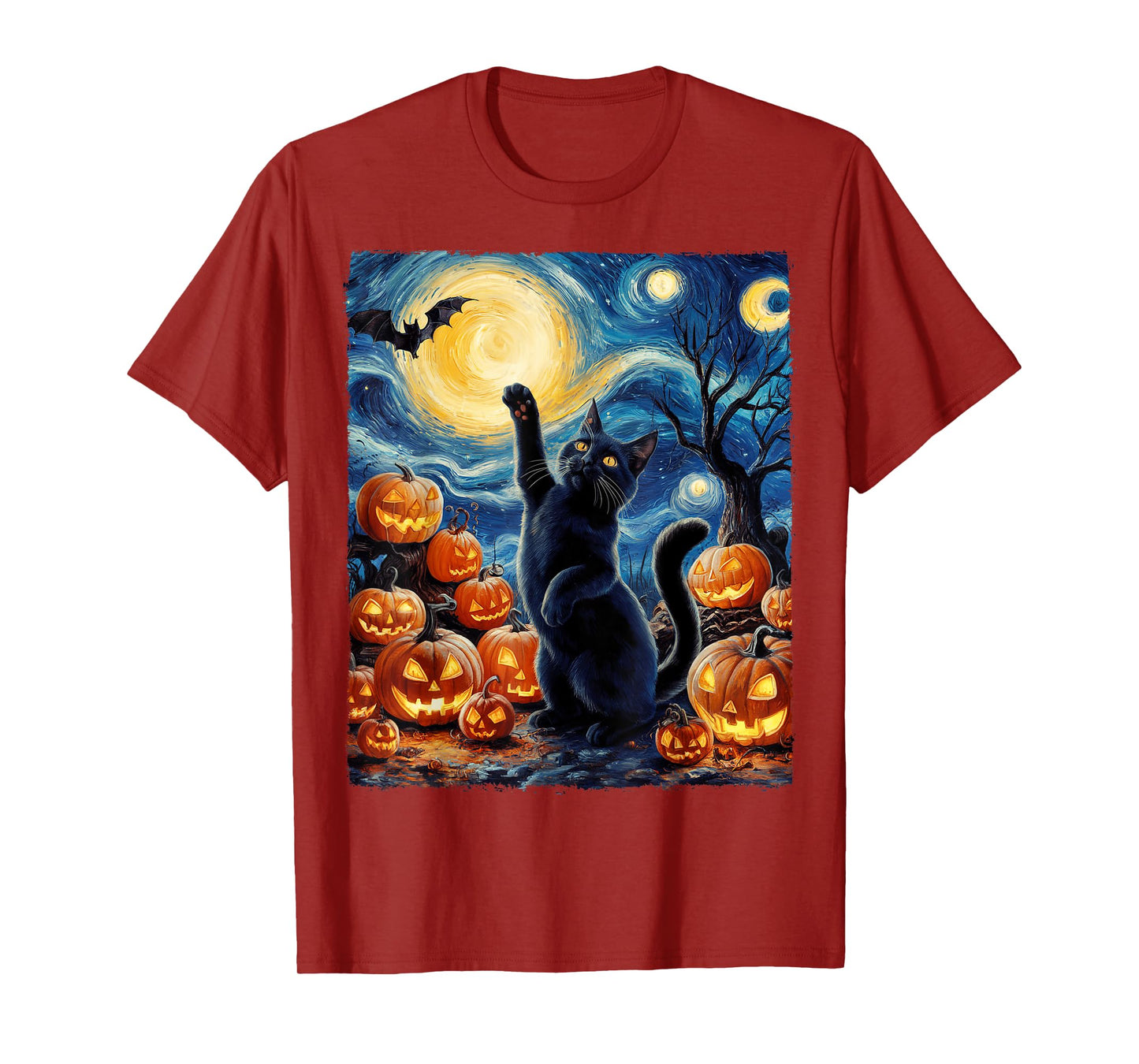 Halloween Cat Van Gogh Starry Night Pumpkin Gifts Men Women T-Shirt