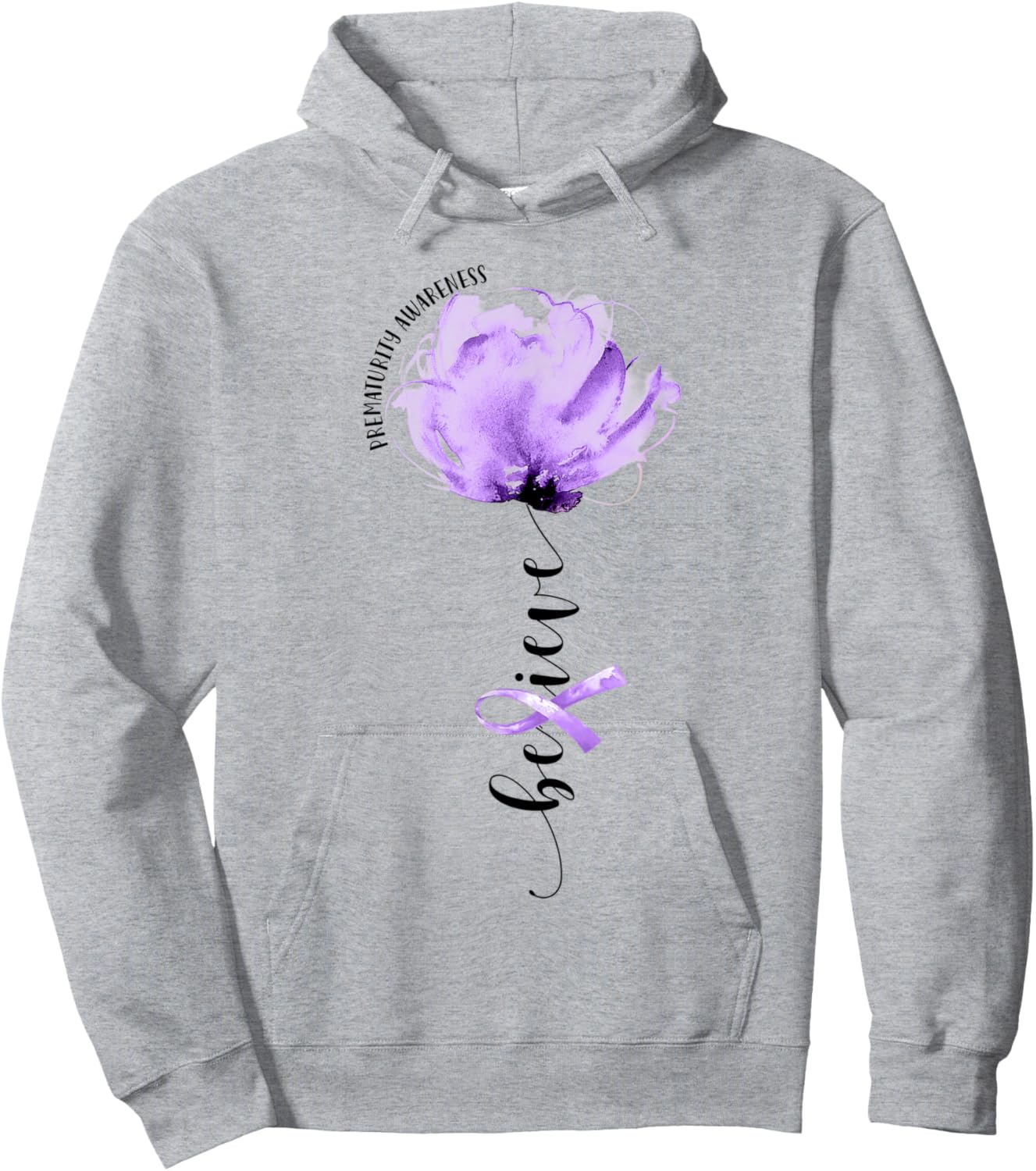 Believe Prematurity Awareness Purple Ribbon Flower Lovers Hoodie - Hoodie | Ash