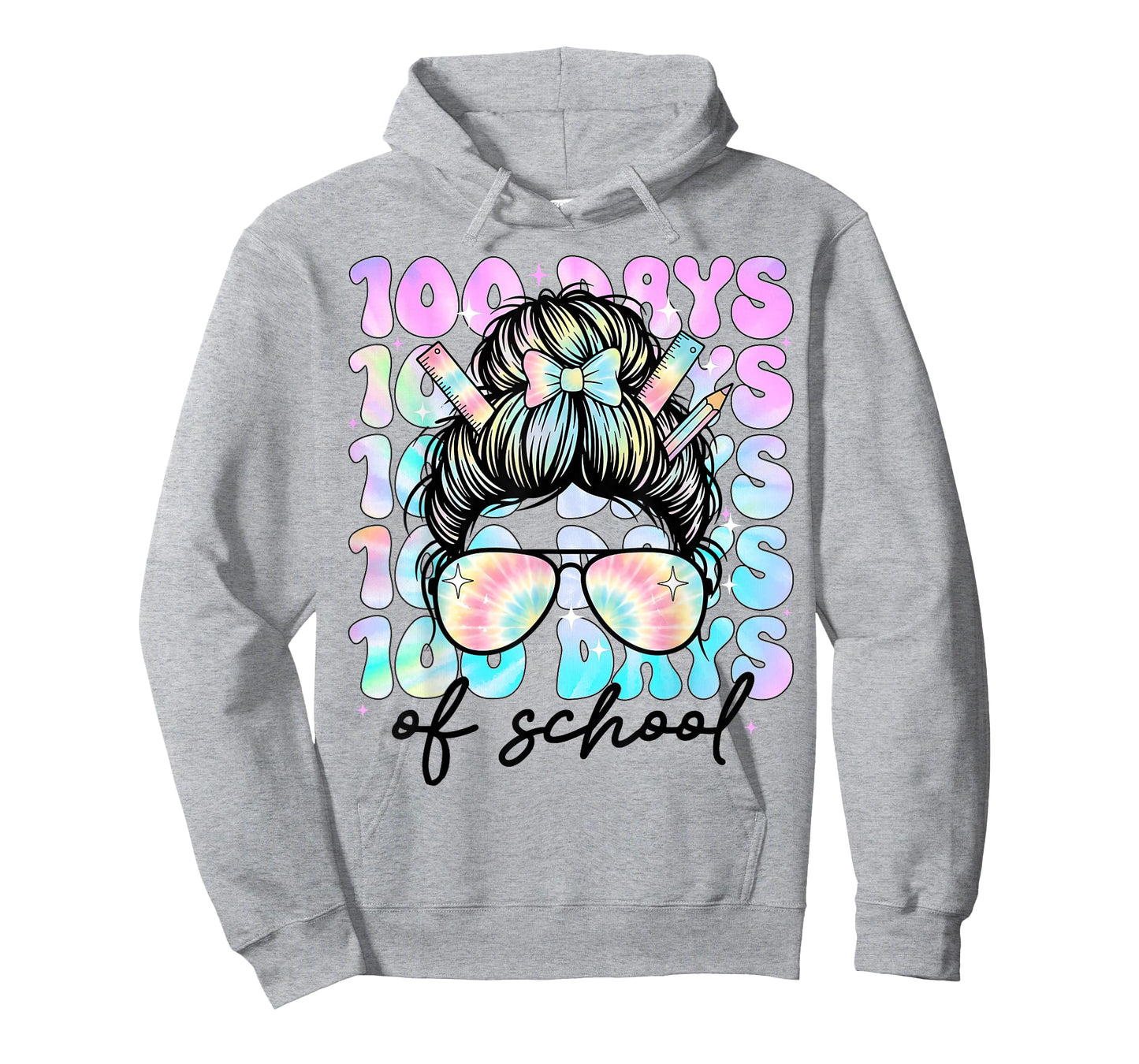 100 Days of School Girls Women 100th Day of School Messy Bun T-Shirt