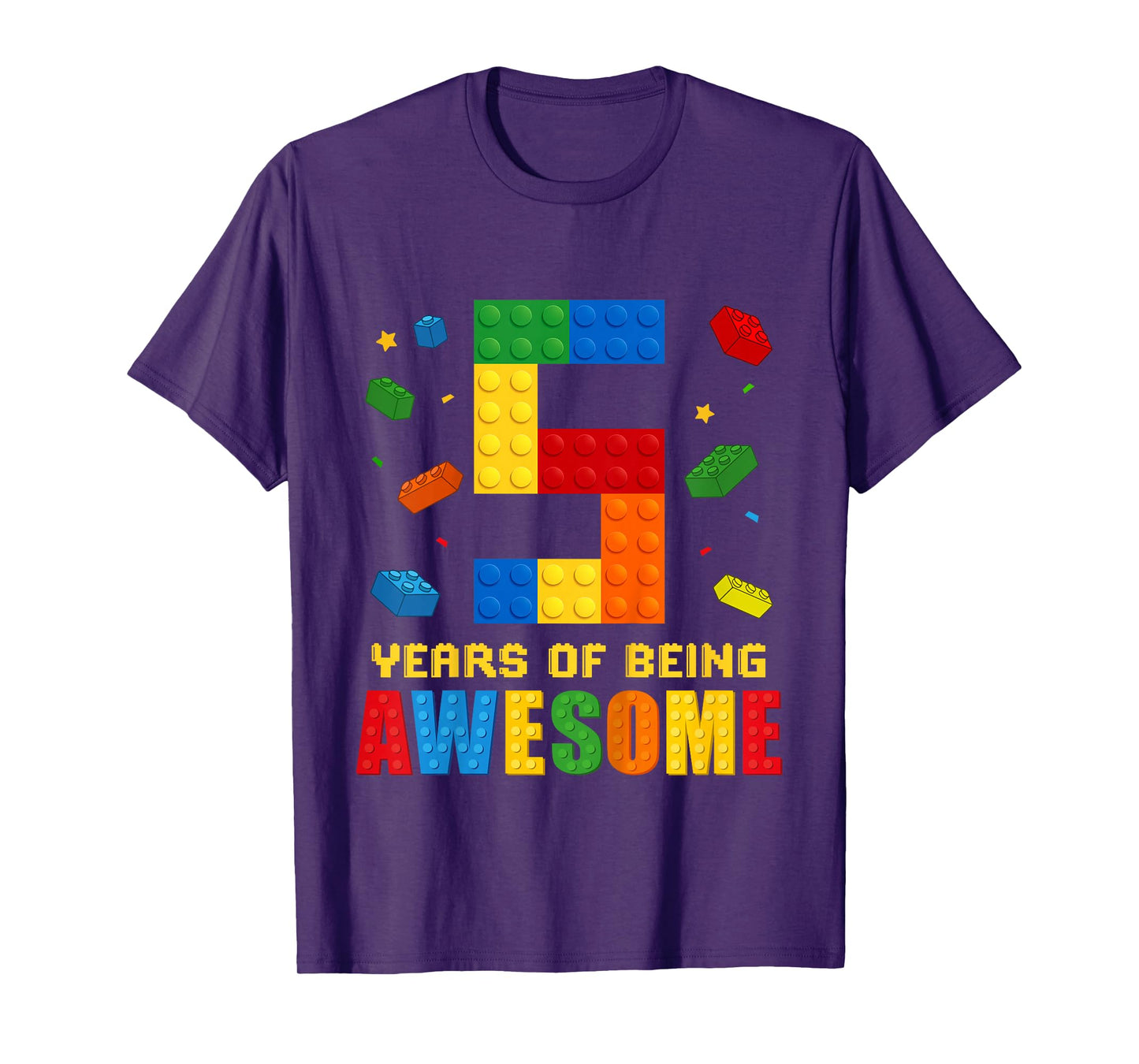 Kids 5 Year Old Birthday Boy Being Awesome Building Bricks 5th T-Shirt