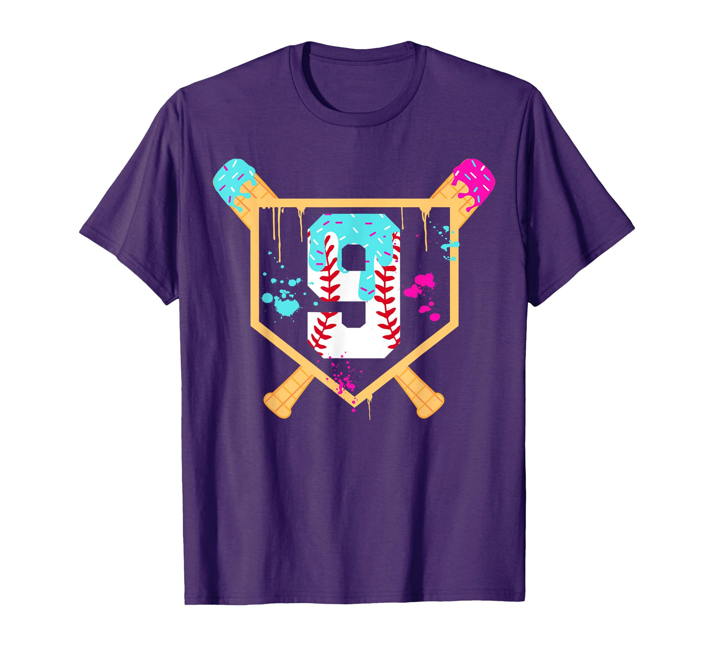 Baseball 9 Year Old Ice Cream Drip 9th Birthday Boy 9 T-Shirt
