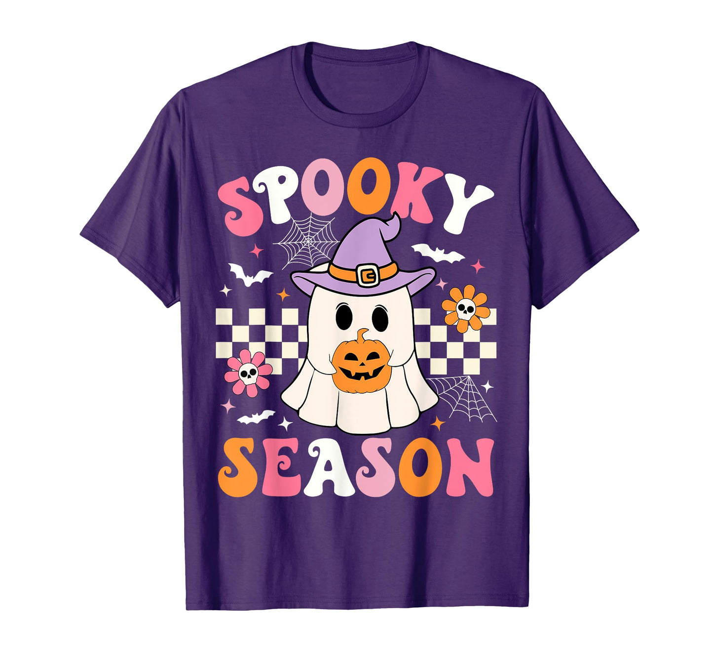 Spooky Season Ghost Holding Pumpkin Groovy Halloween Ghost T-Shirt