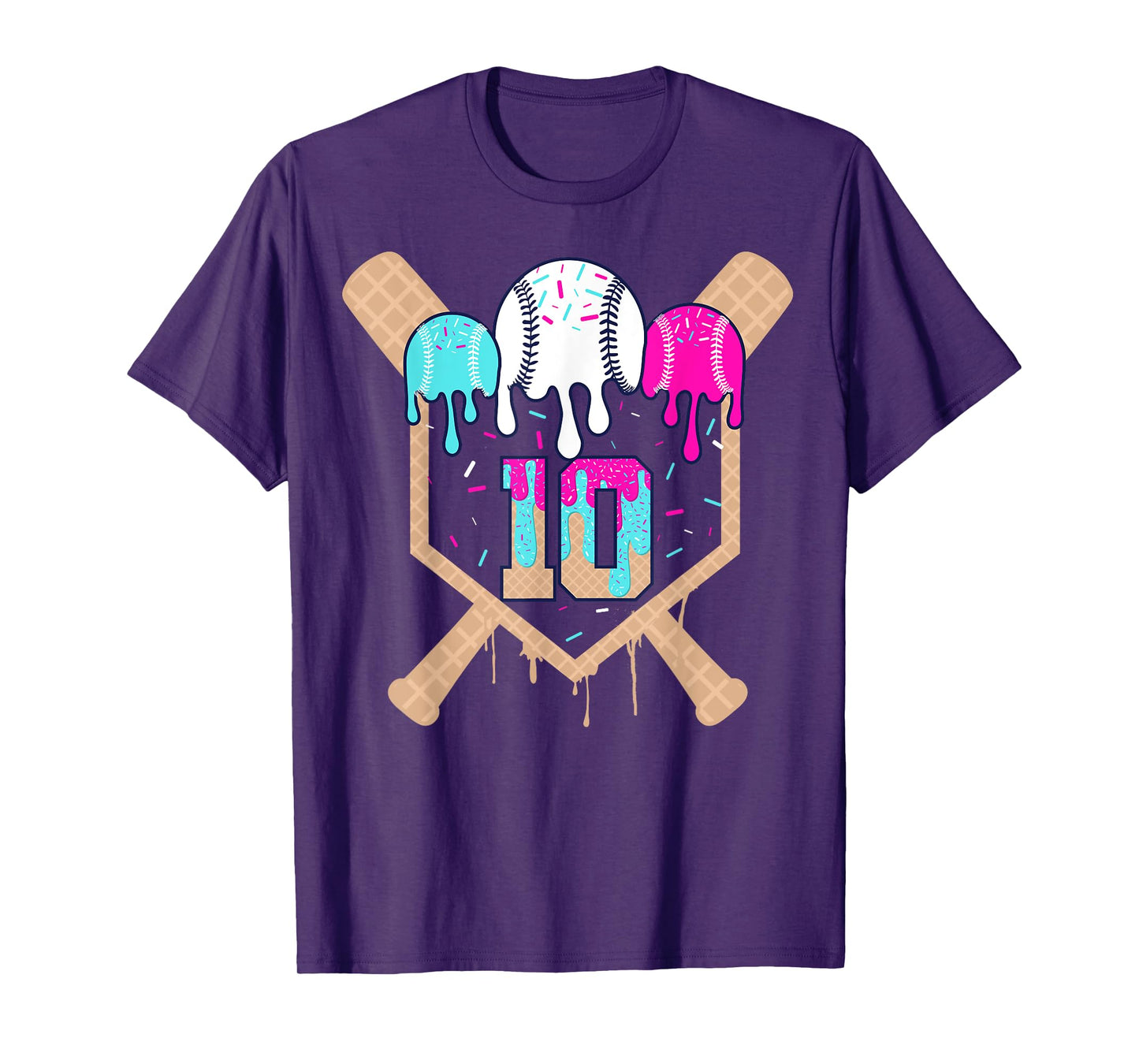 Baseball 10 Year Old Ice Cream Drip 10th Birthday Number 10 T-Shirt