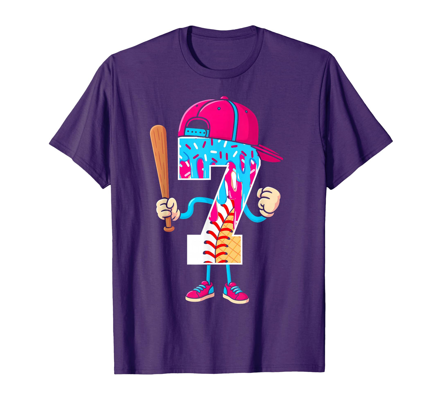 Baseball 7 Year Old Ice Cream Drip 7th Birthday Boy Number 7 T-Shirt