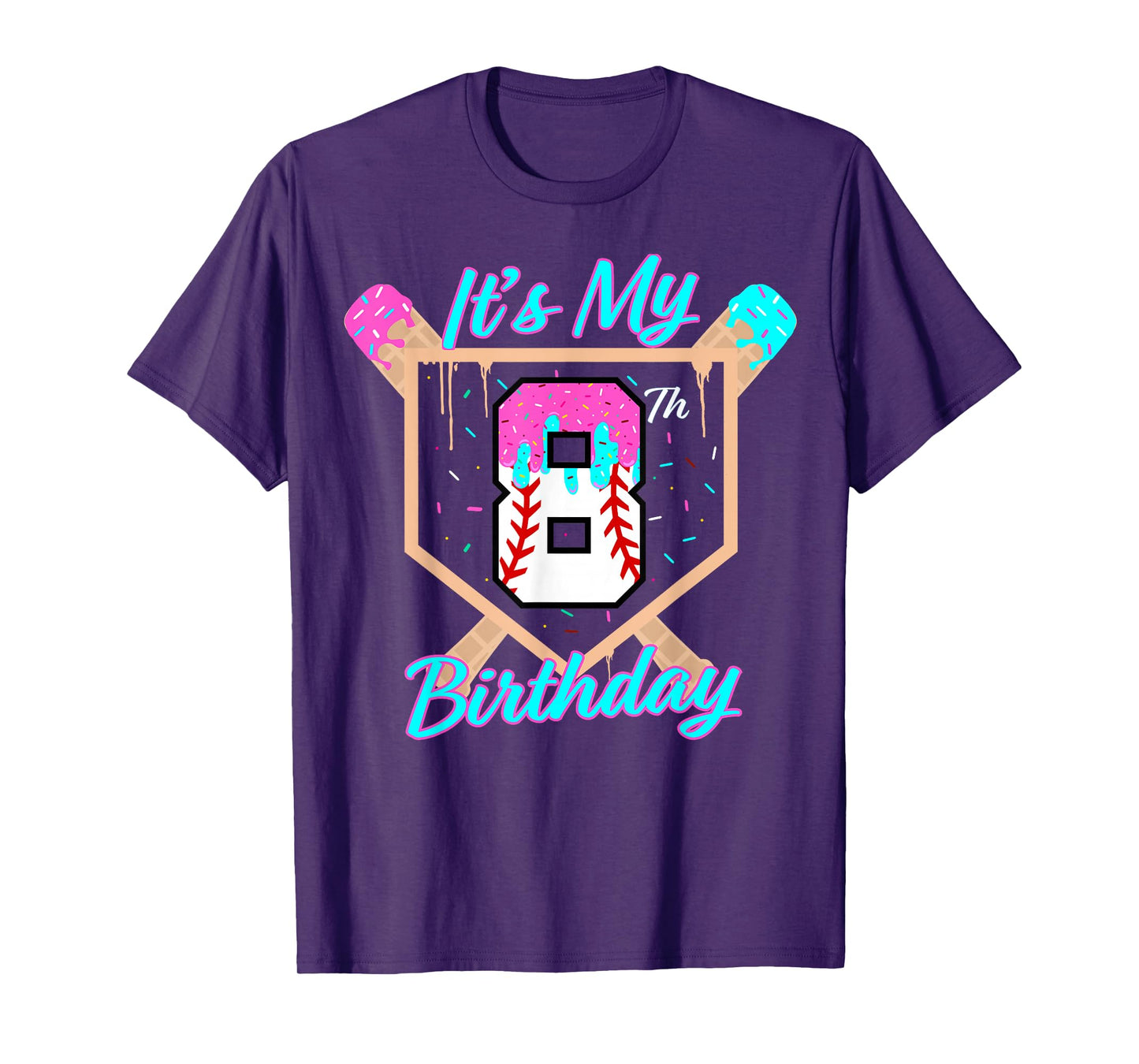Baseball 8 Year Old Ice Cream Drip 8th Birthday Boy Number 8 T-Shirt