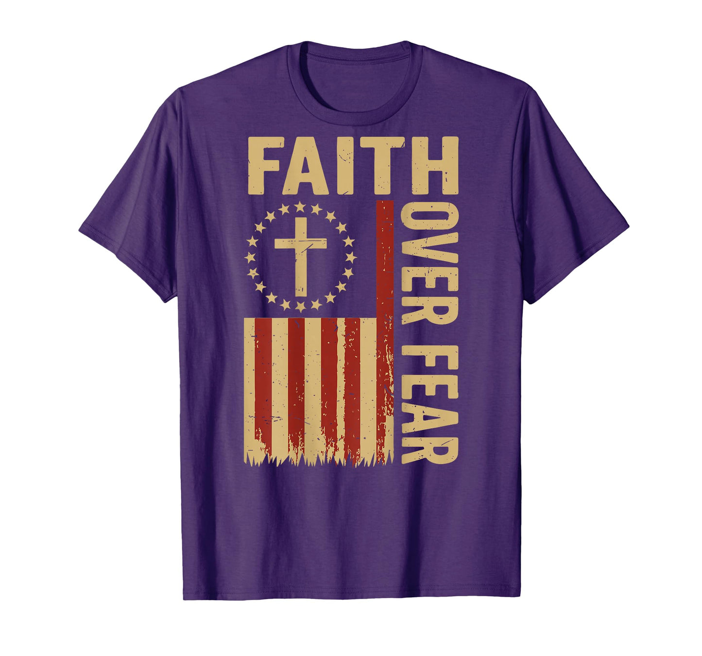 Mens Patriotic Christian Faith Over Fear American Flag Cross T-Shirt