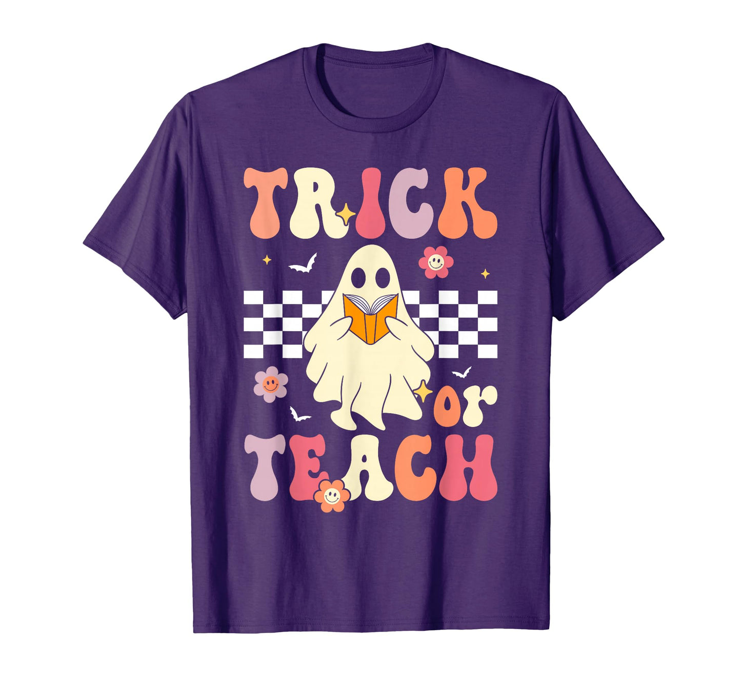 Groovy Teacher Halloween Retro Trick or Teach Floral Ghost T-Shirt