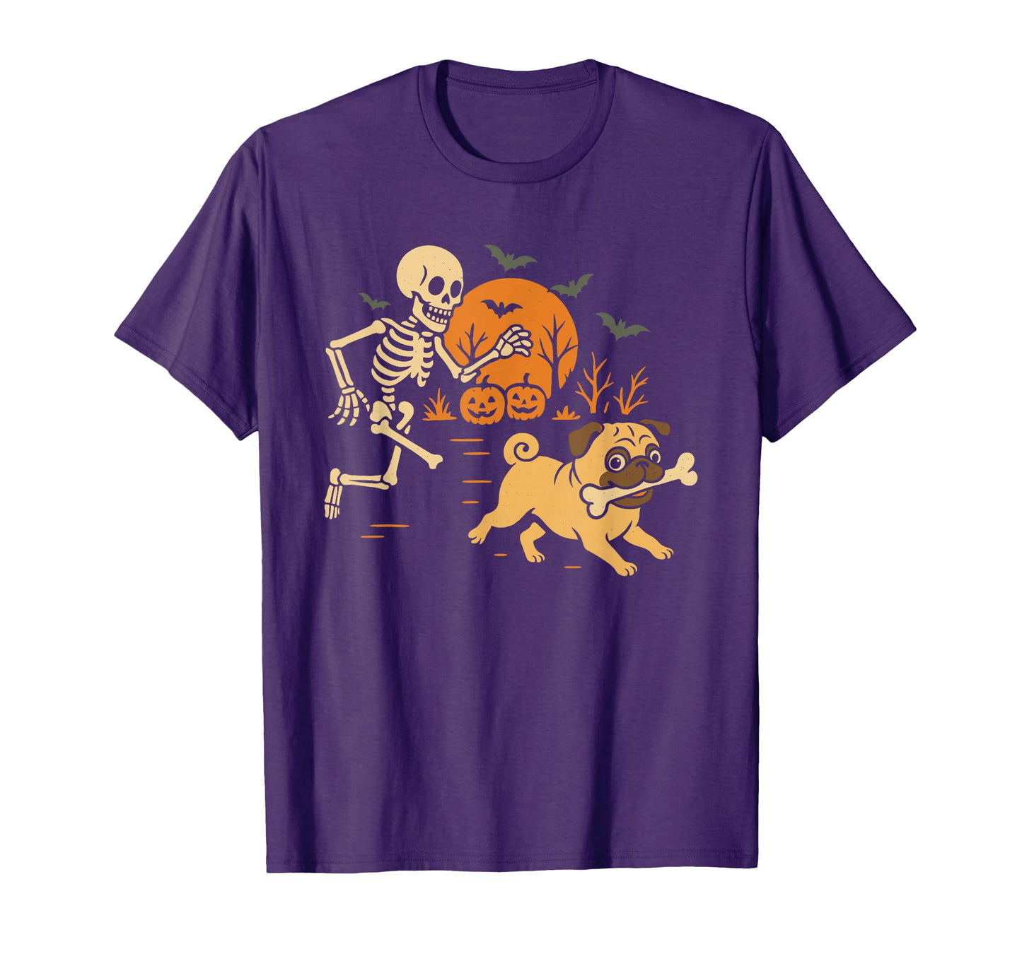 Funny Skeleton Chasing Pug Halloween Costume Dog Lover T-Shirt