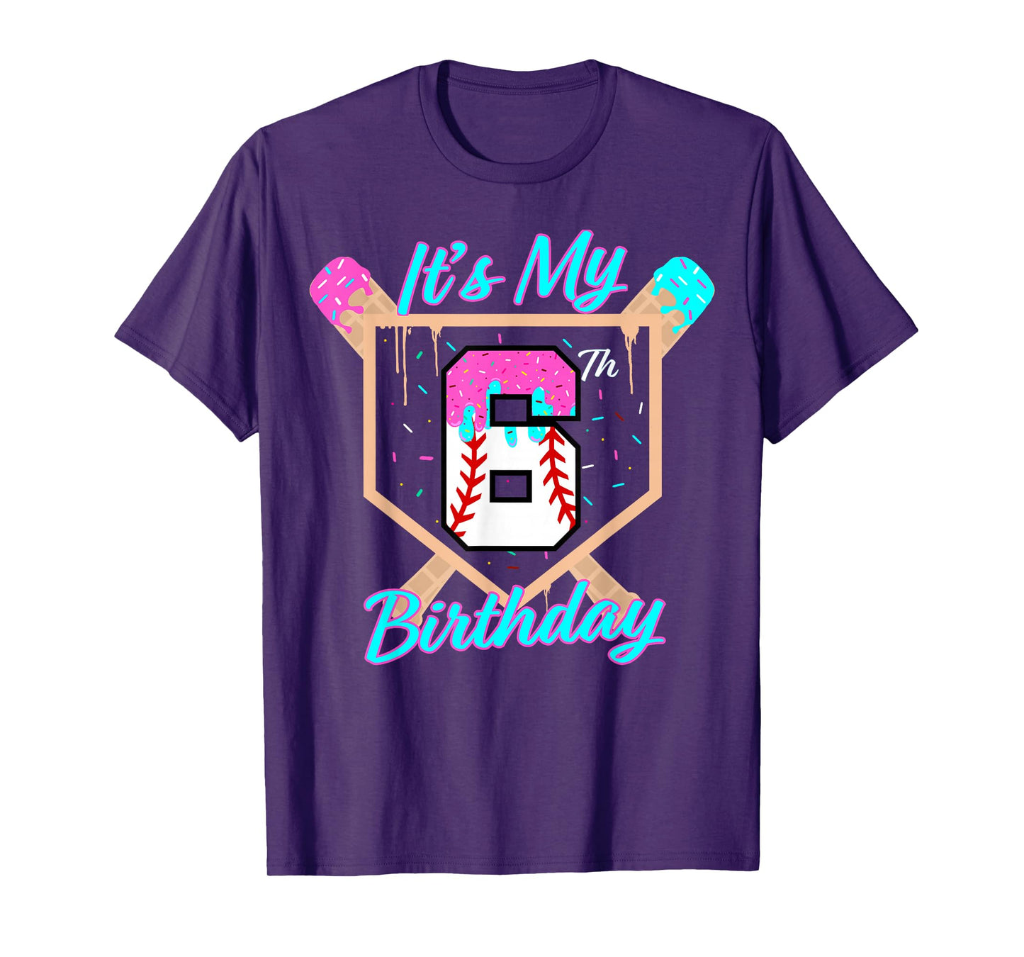 Baseball 6 Year Old Ice Cream Drip 6th Birthday Boy Number 6 T-Shirt