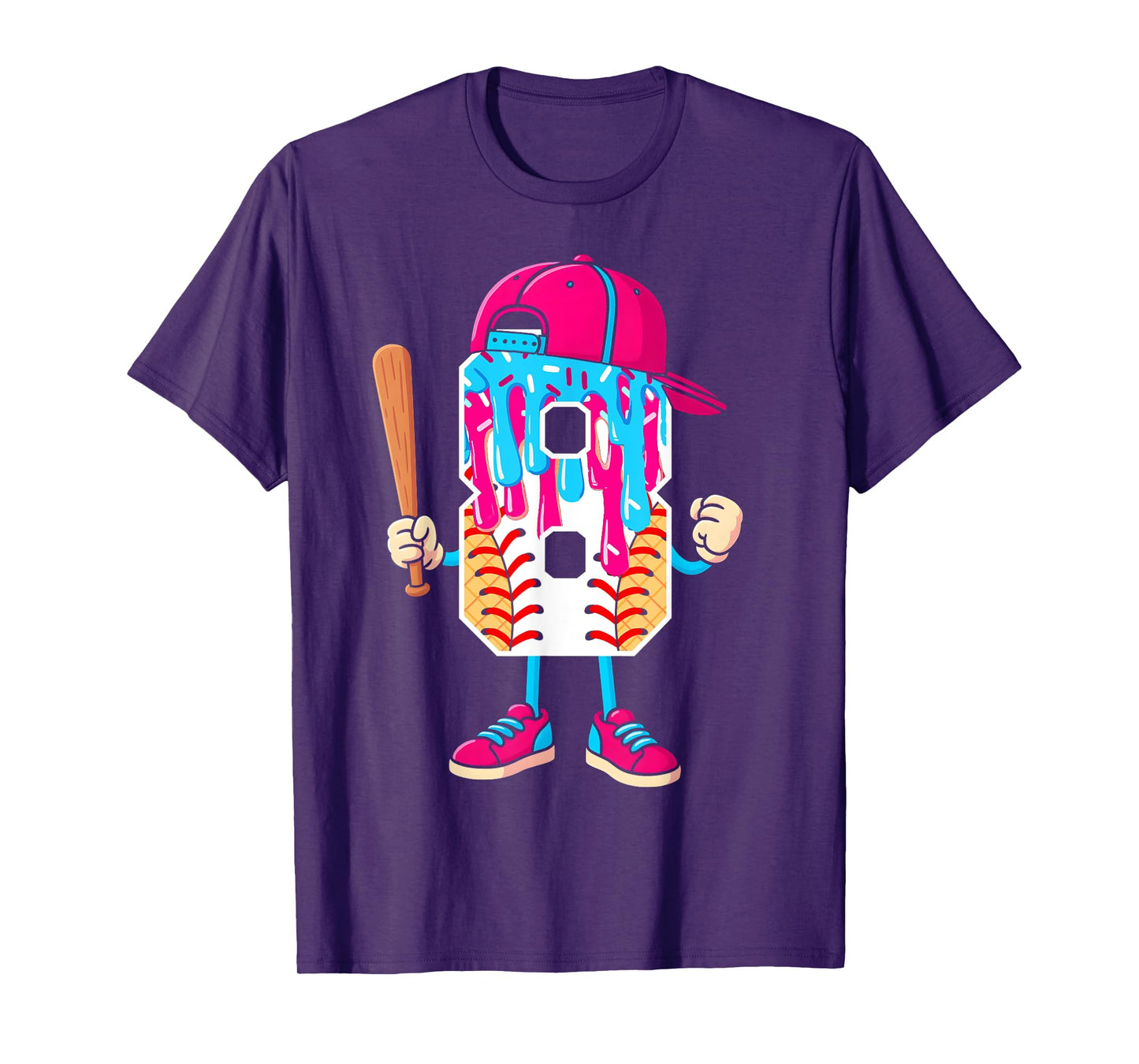 Baseball 8 Year Old Ice Cream Drip 8th Birthday Boy Number 8 T-Shirt
