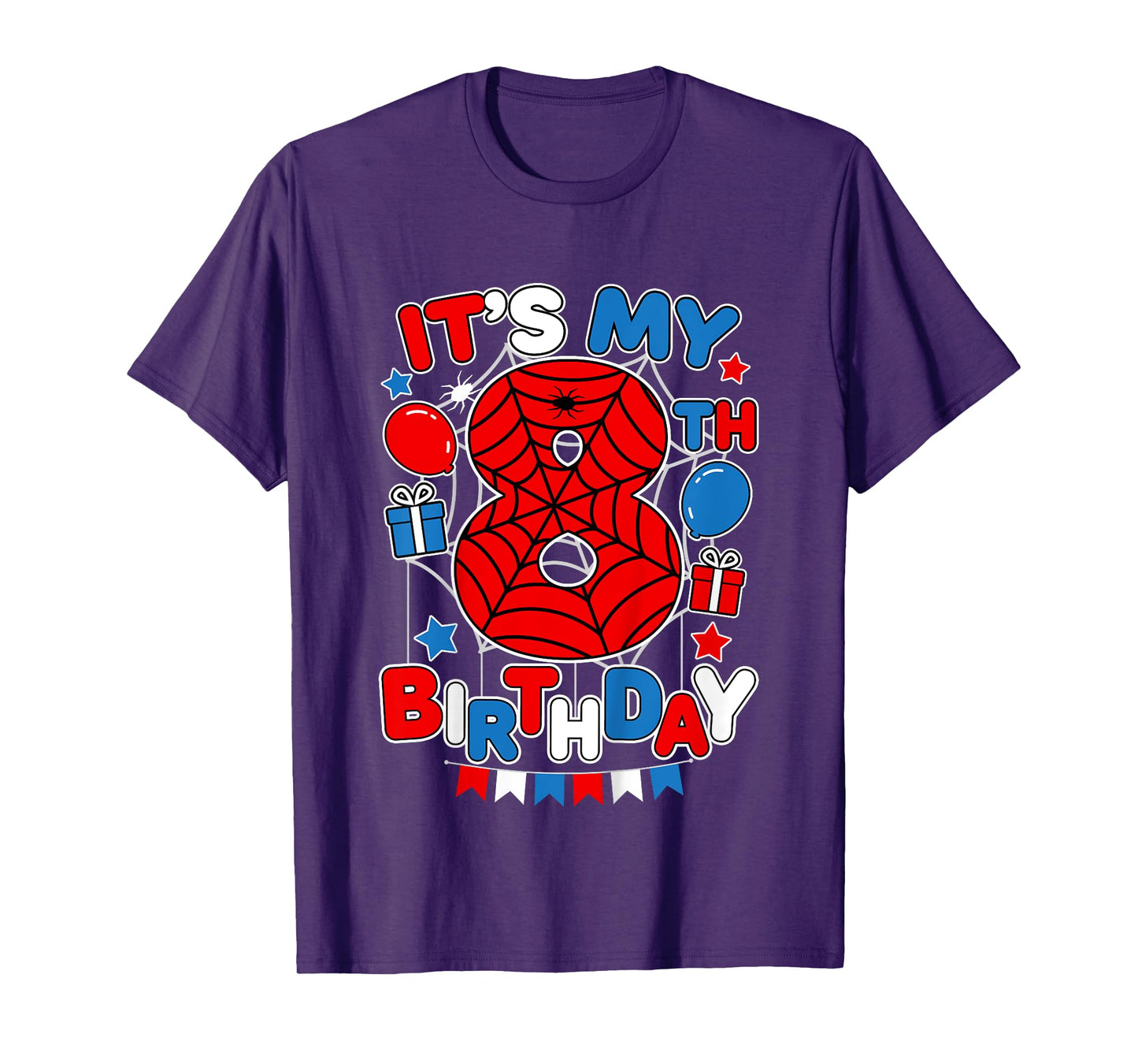 Kids It's My 8th Birthday Spider Theme Party 8 Year Old Boys Kids T-Shirt