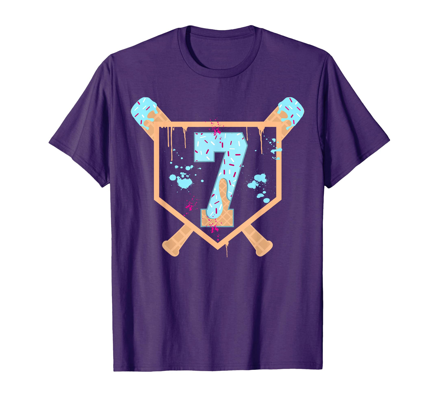 Baseball 7 Year Old Ice Cream Drip 7th Birthday Boy Number 7 T-Shirt