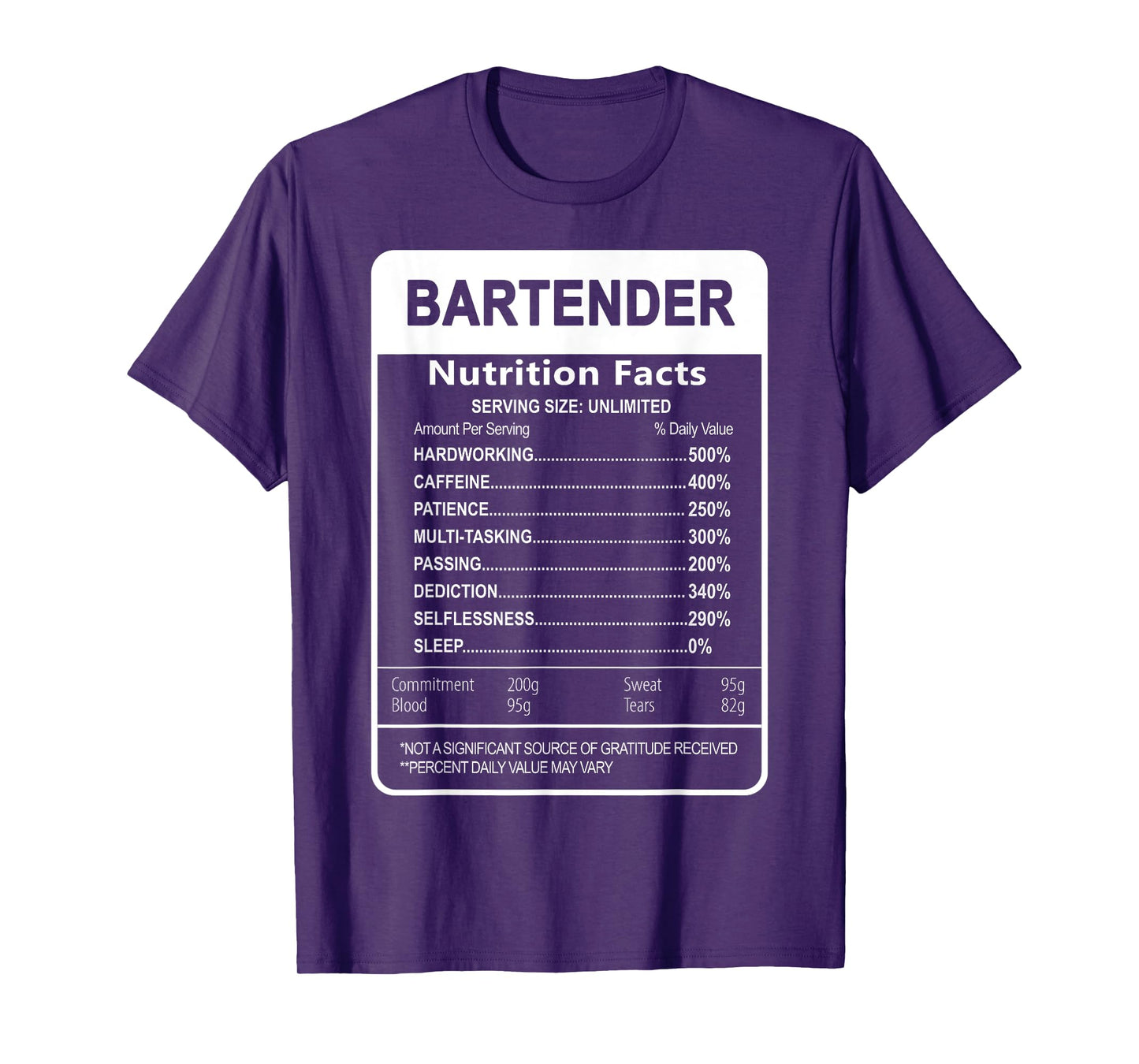 Bartender Nutrition Facts Sarcastic Graphic T-Shirt