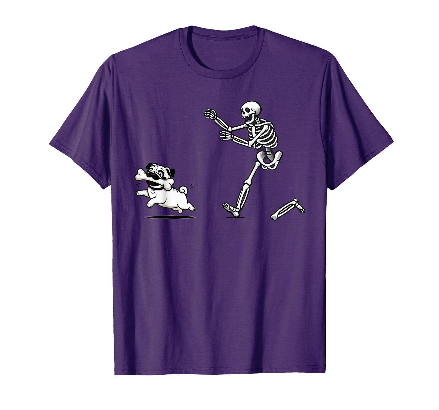 Funny Pug Dog Steals Bone from Skeleton Design T-Shirt