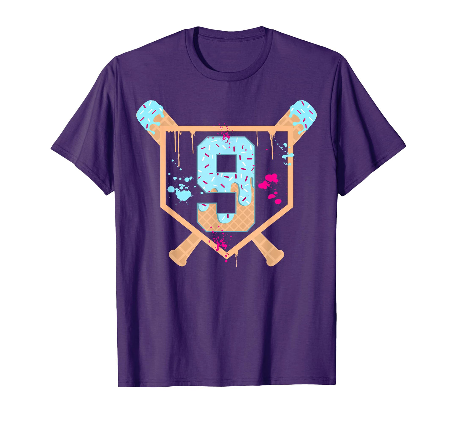 Baseball 9 Year Old Ice Cream Drip 9th Birthday Boy Number 9 T-Shirt