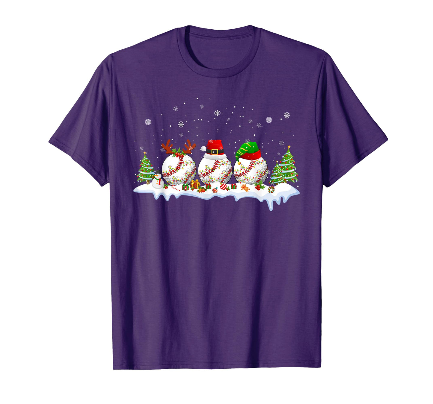 Santa Elf Reindeer Baseball Balls Xmas Tree Lights Christmas T-Shirt