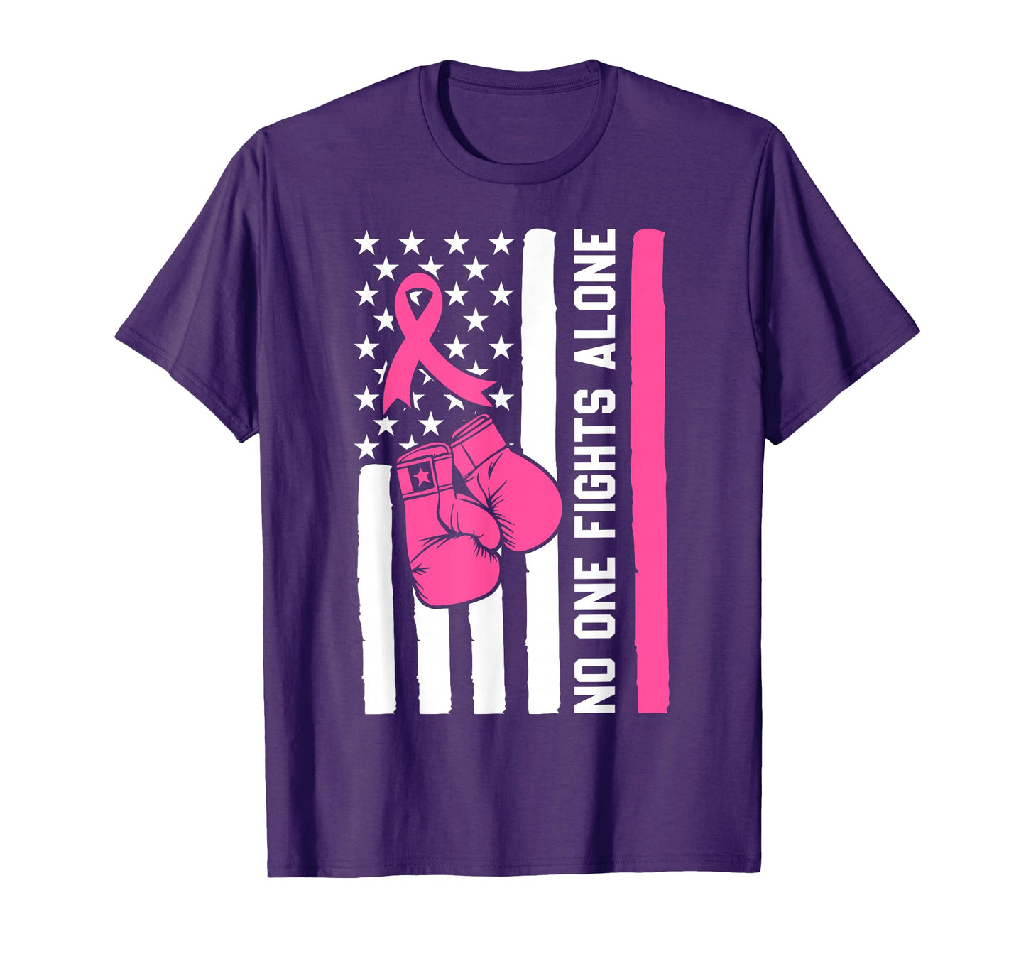 No One Fight Breast Cancer Alone Pink Ribbon American Flag T-Shirt
