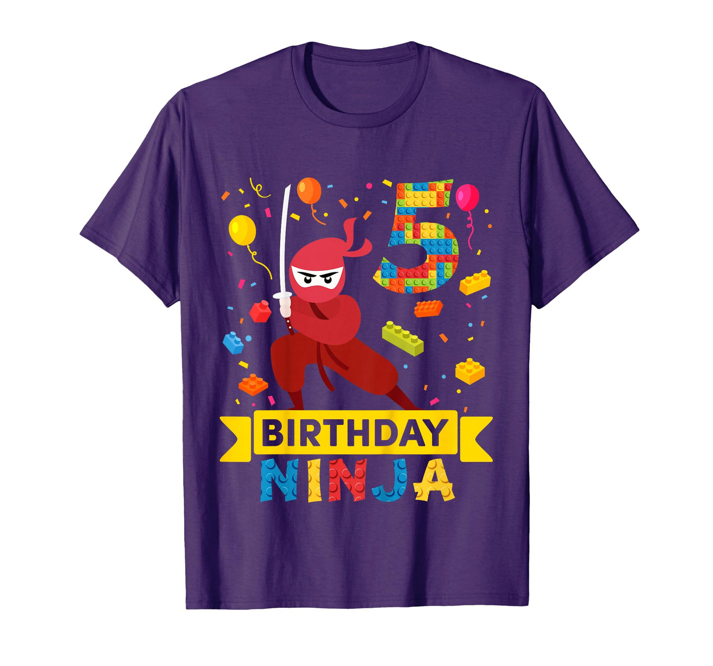 Kids 5 Year Old Building Blocks Ninja 5th Birthday Boy T-Shirt