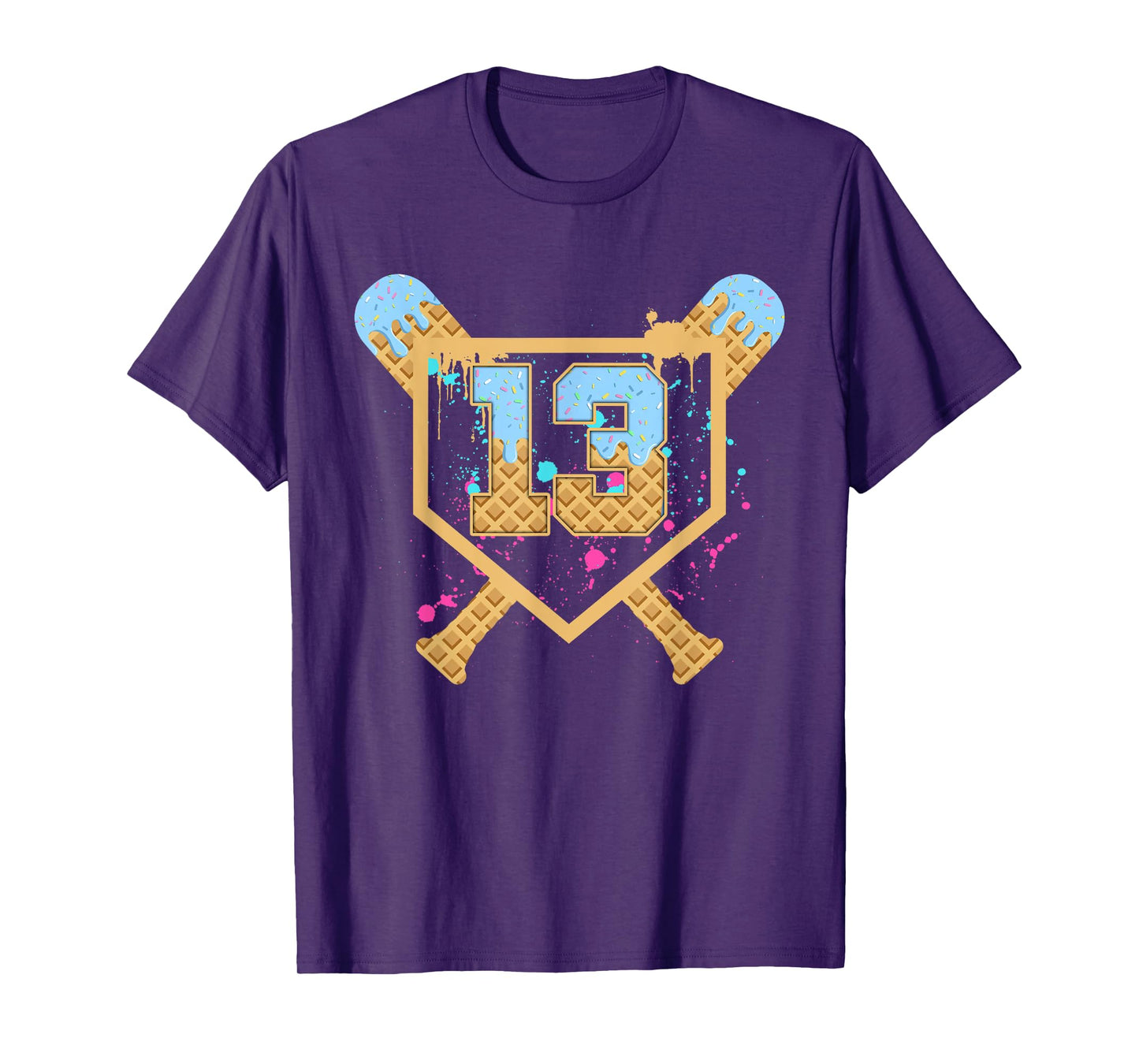 Baseball 13 Year Old Ice Cream Drip 13th Birthday Number 13 T-Shirt