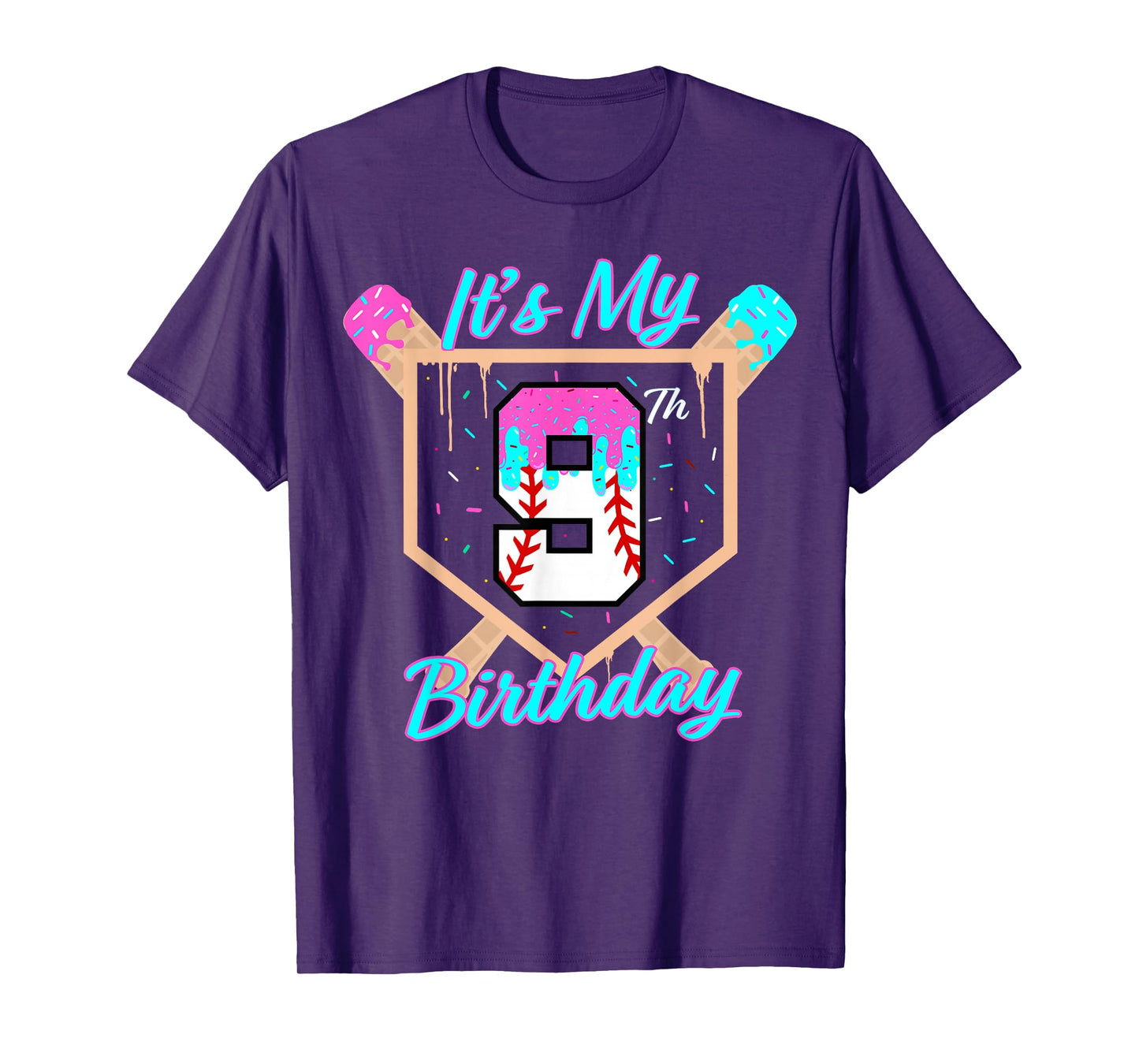 Baseball 9 Year Old Ice Cream Drip 9th Birthday Boy Number 9 T-Shirt