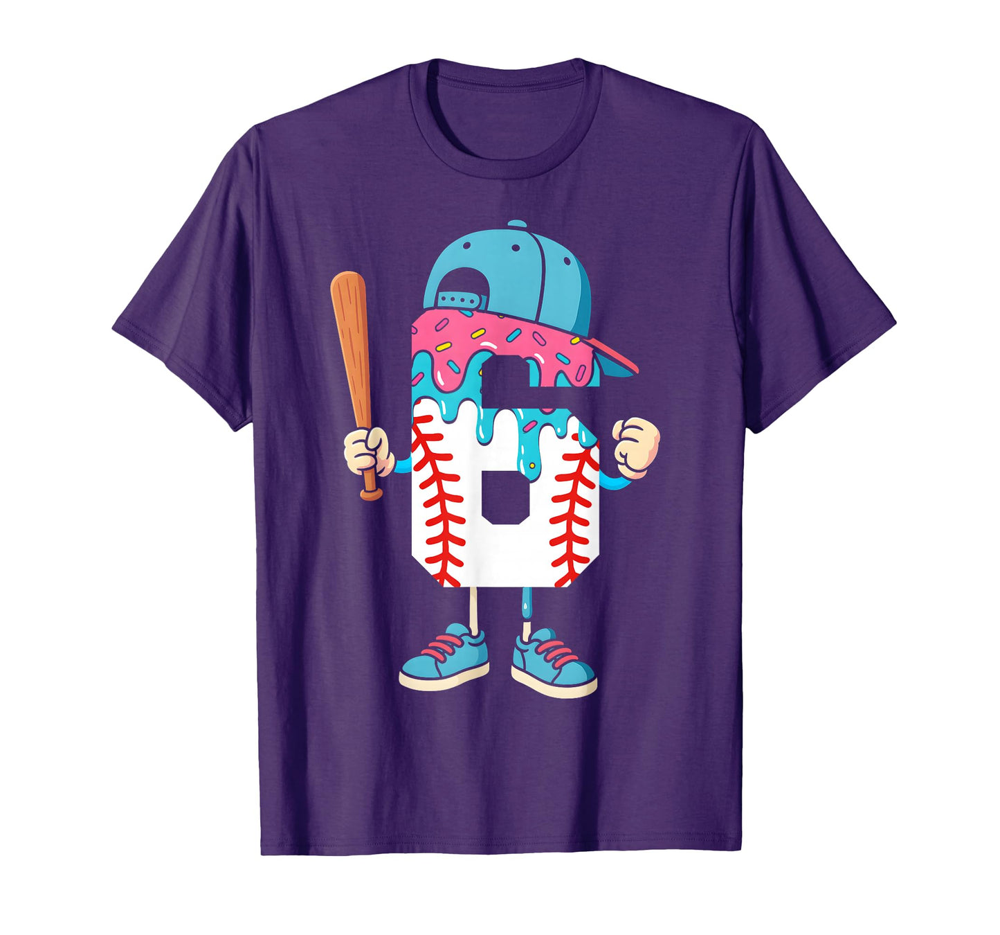Baseball 6 Year Old Ice Cream Drip 6th Birthday Boy Number 6 T-Shirt