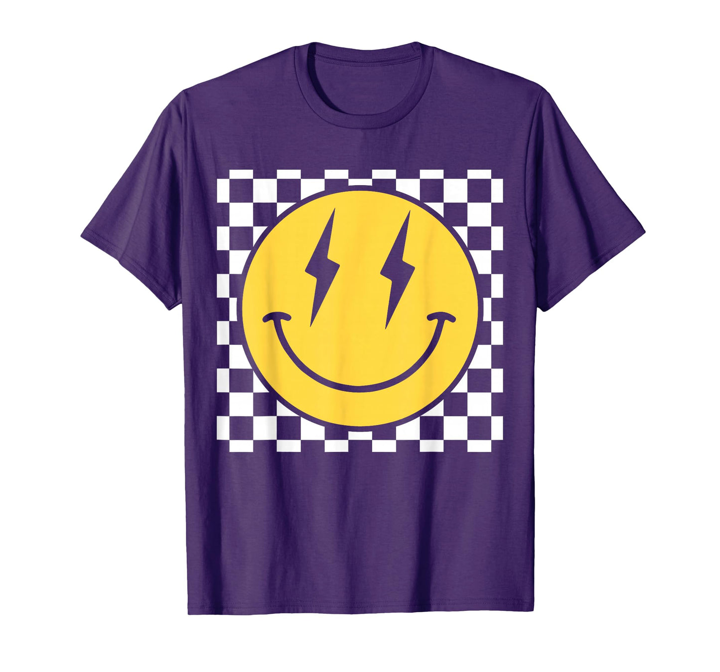 Retro Happy Face Distressed Checkered Pattern Smile Face T-Shirt