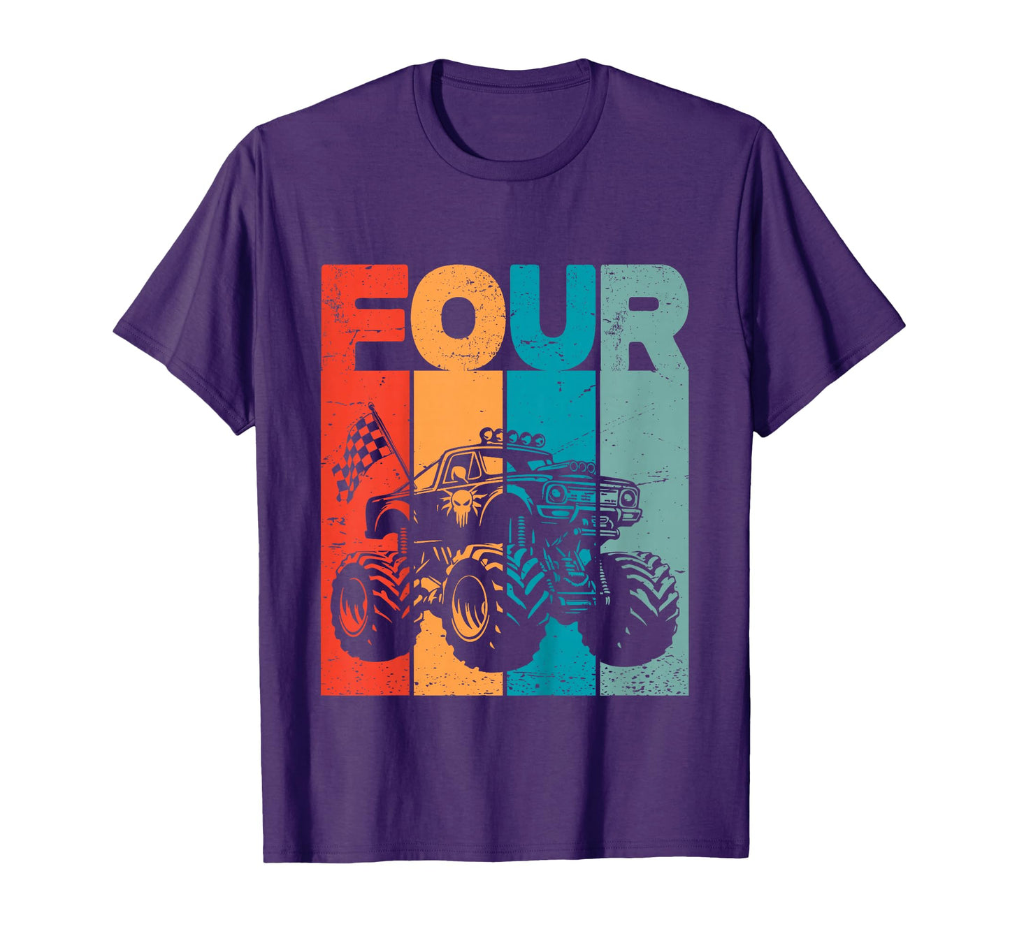 Kids 4th Birthday Monster Truck Four Retro 4 Years Old Bday Boys T-Shirt