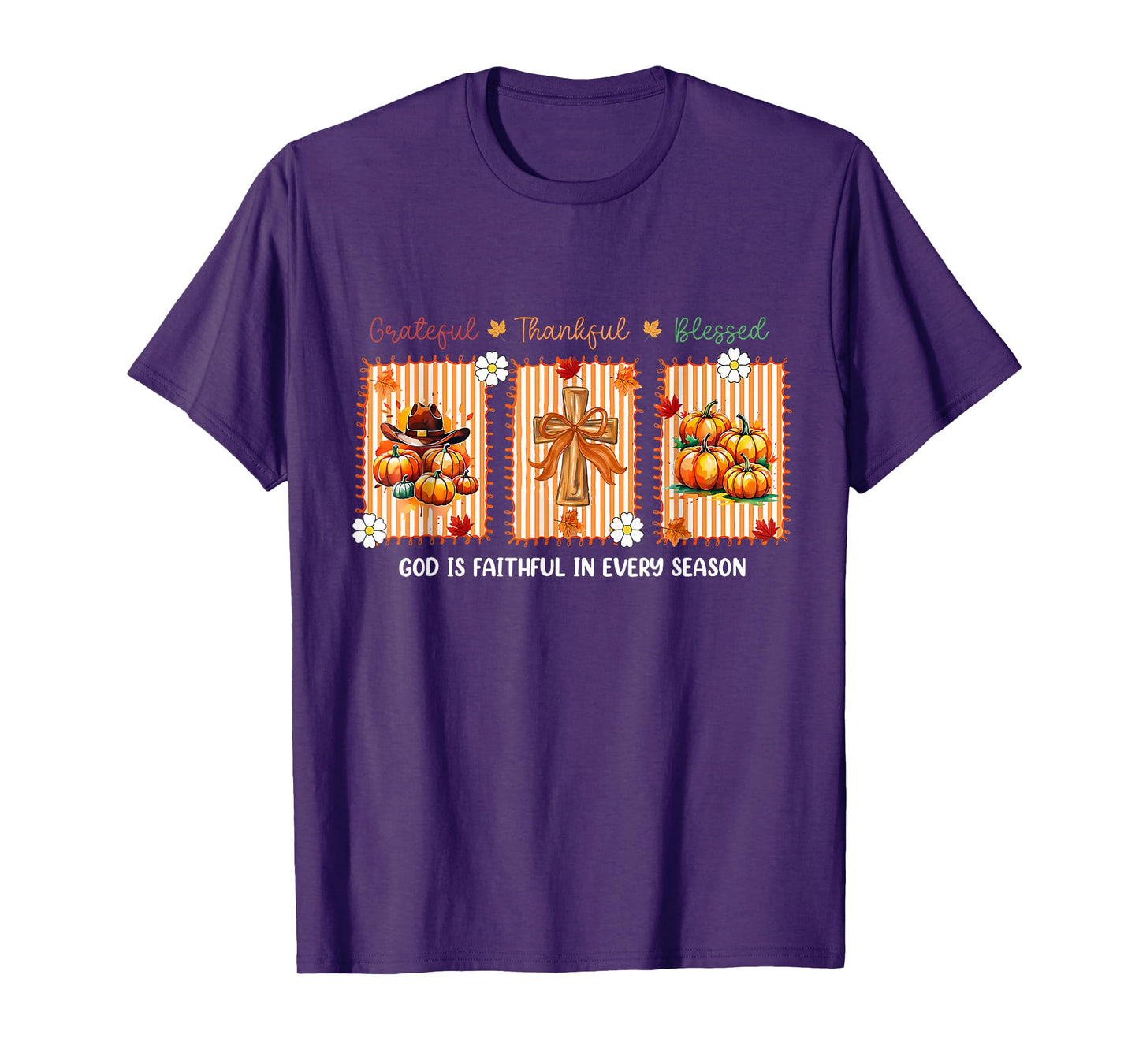 Grateful Thankful Blessed Fall Cross Design T-Shirt