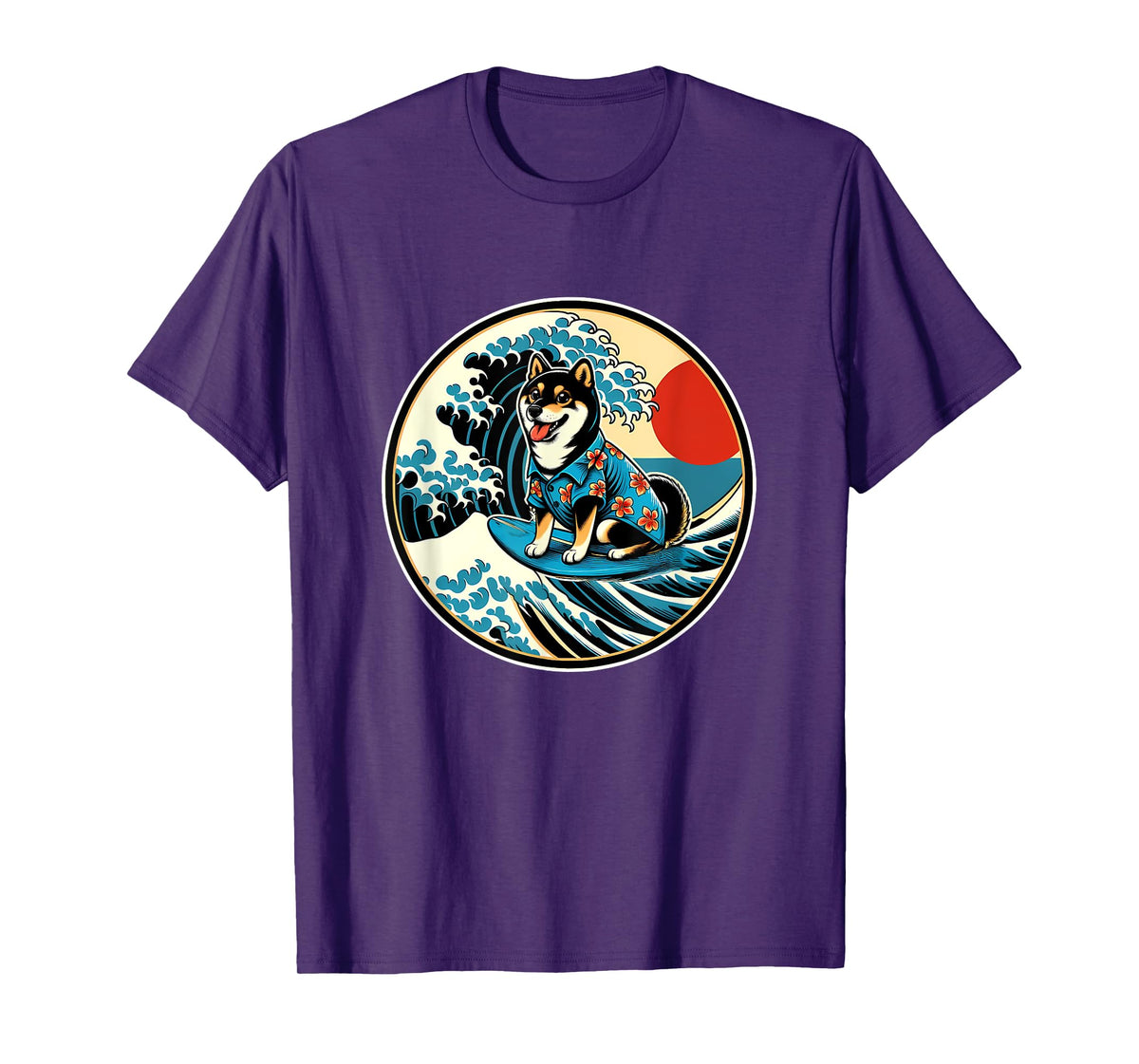 Great Wave Kanagawa Black and tan Shiba Inu Surfing T-Shirt