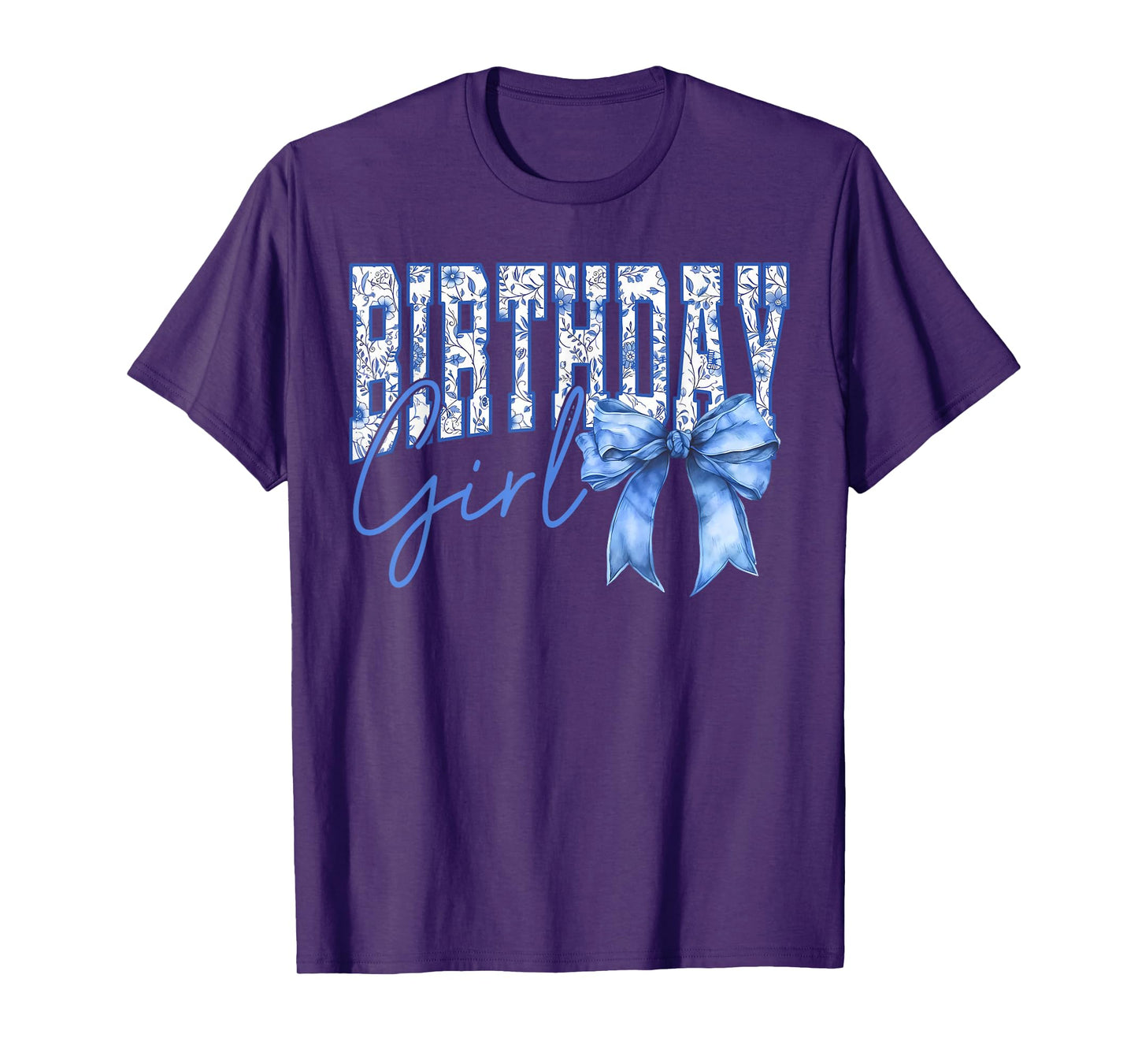 Birthday Girl Coquette Blue Toile Bow Girly Aesthetic Kids T-Shirt