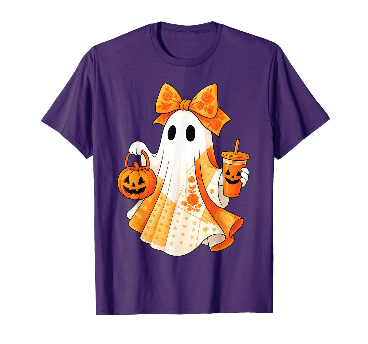 Spooky Cute Ghost Drinking Iced Coffee Pumpkin Bow Halloween T-Shirt