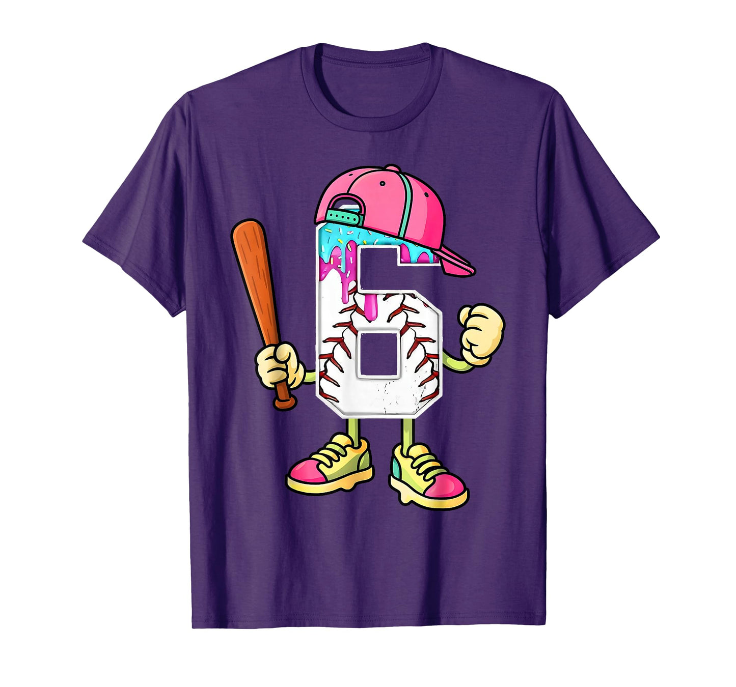 Baseball 6th Birthday Boy Ice Cream Drip 6 Year Old Birthday T-Shirt