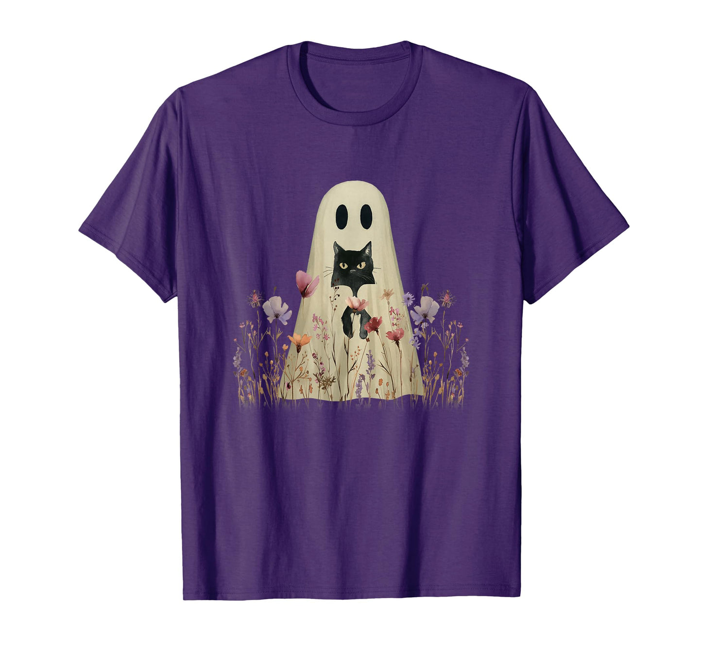 Ghost Black Cat in Wildflowers Aesthetic Halloween Floral T-Shirt